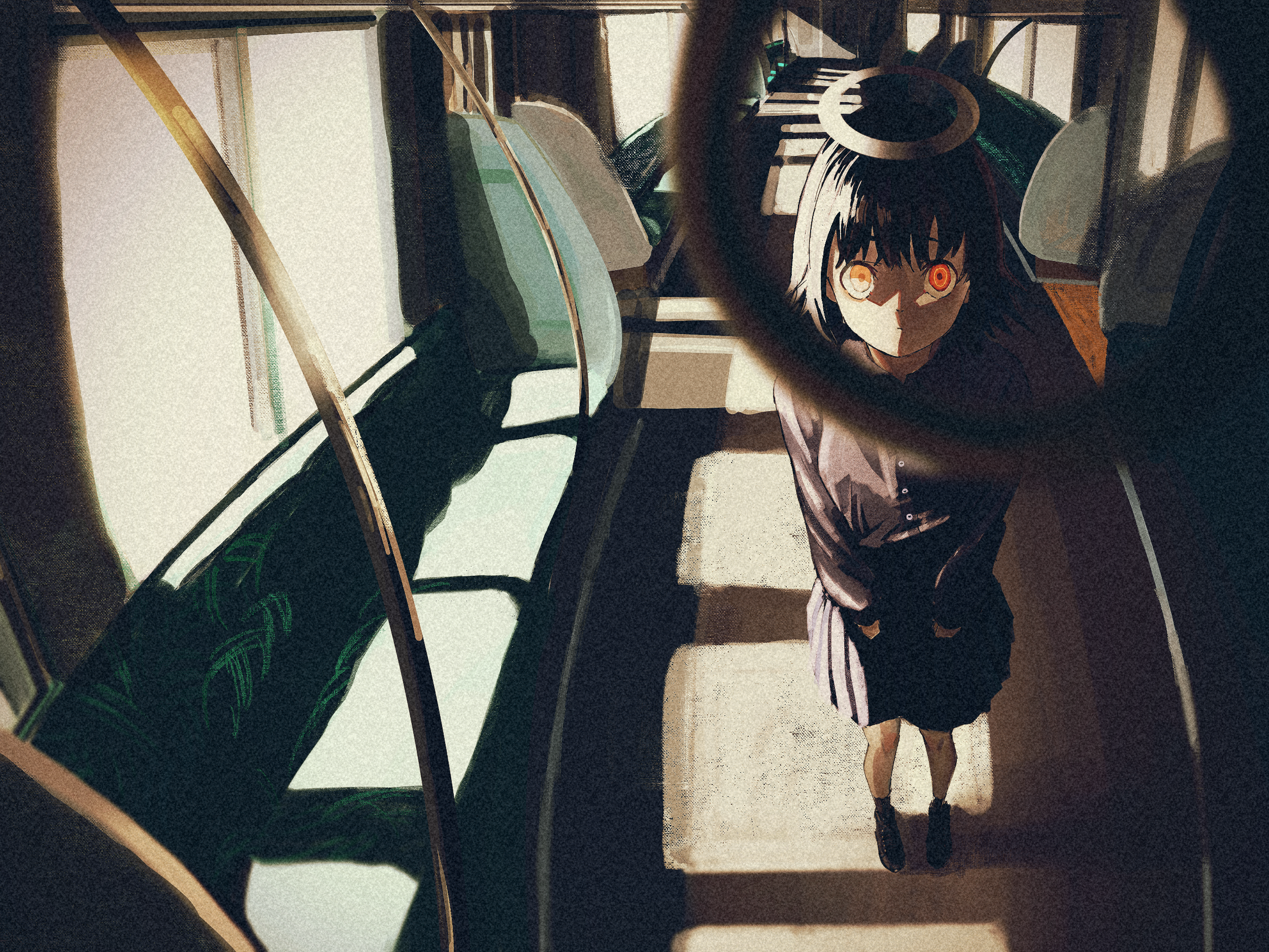 Girl with halo and glowing eyes on a train HD Wallpaper