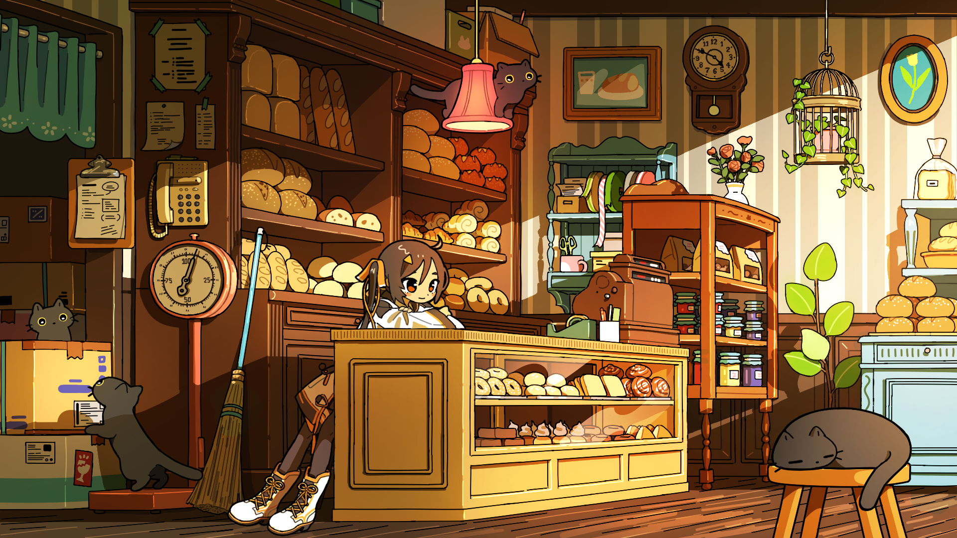 Girl and cats in a bakery HD Wallpaper