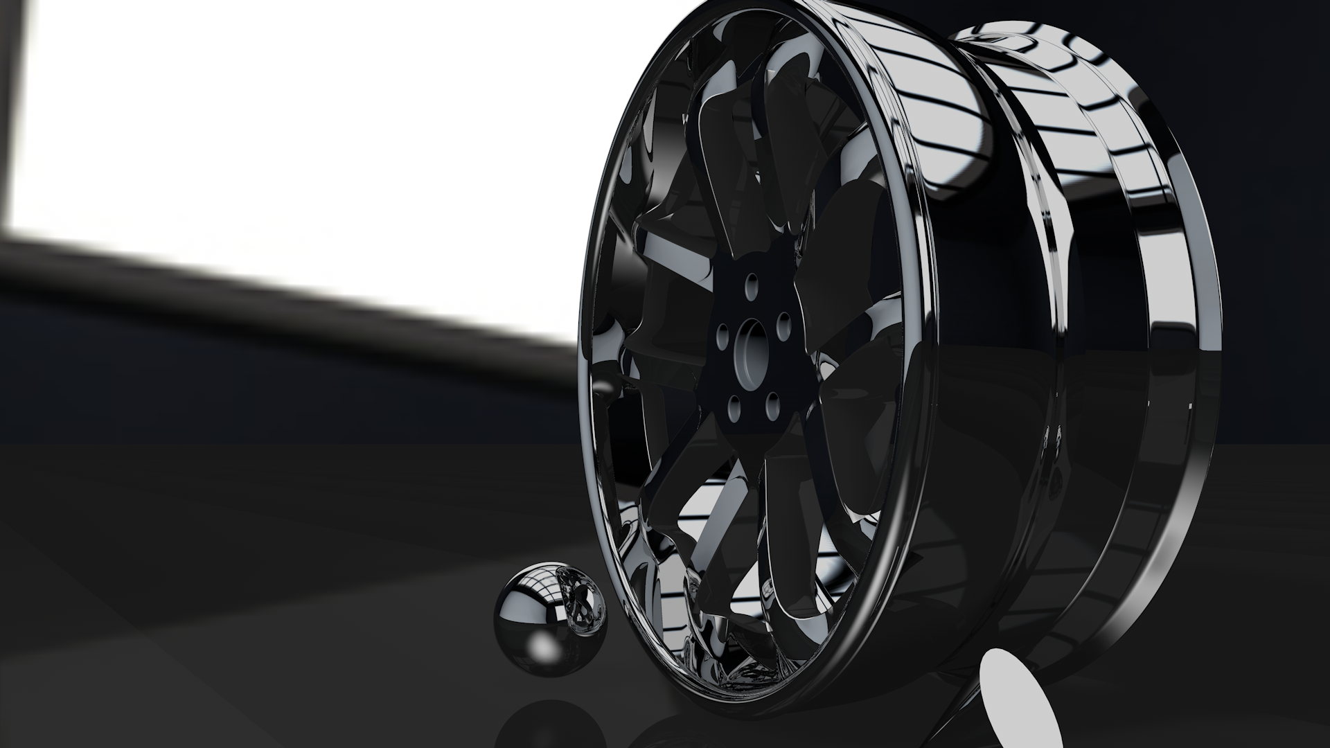 Black 3D CGI Wheel with a Small Sphere HD Wallpaper