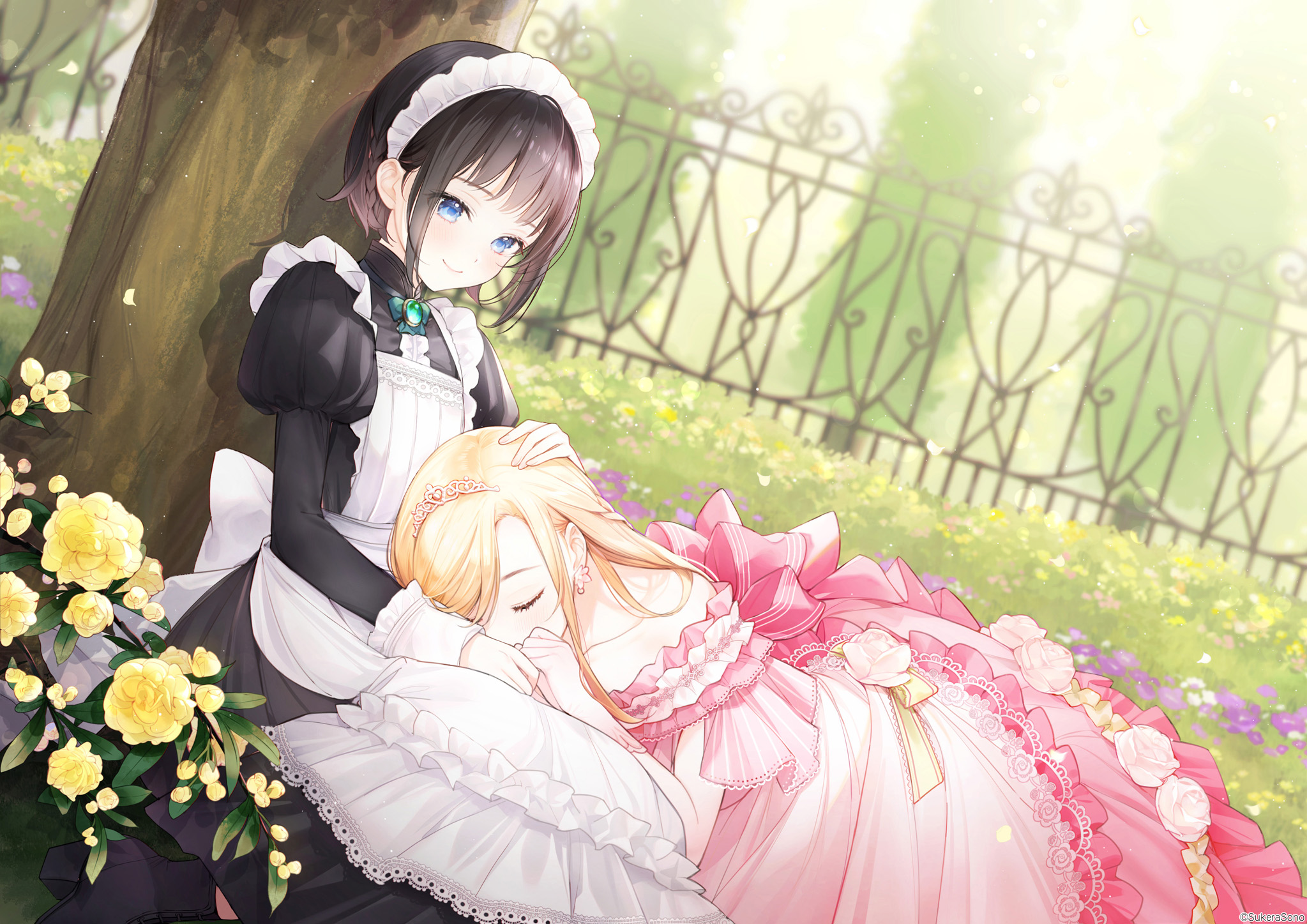 Maid and Princess Resting in a Garden HD Wallpaper