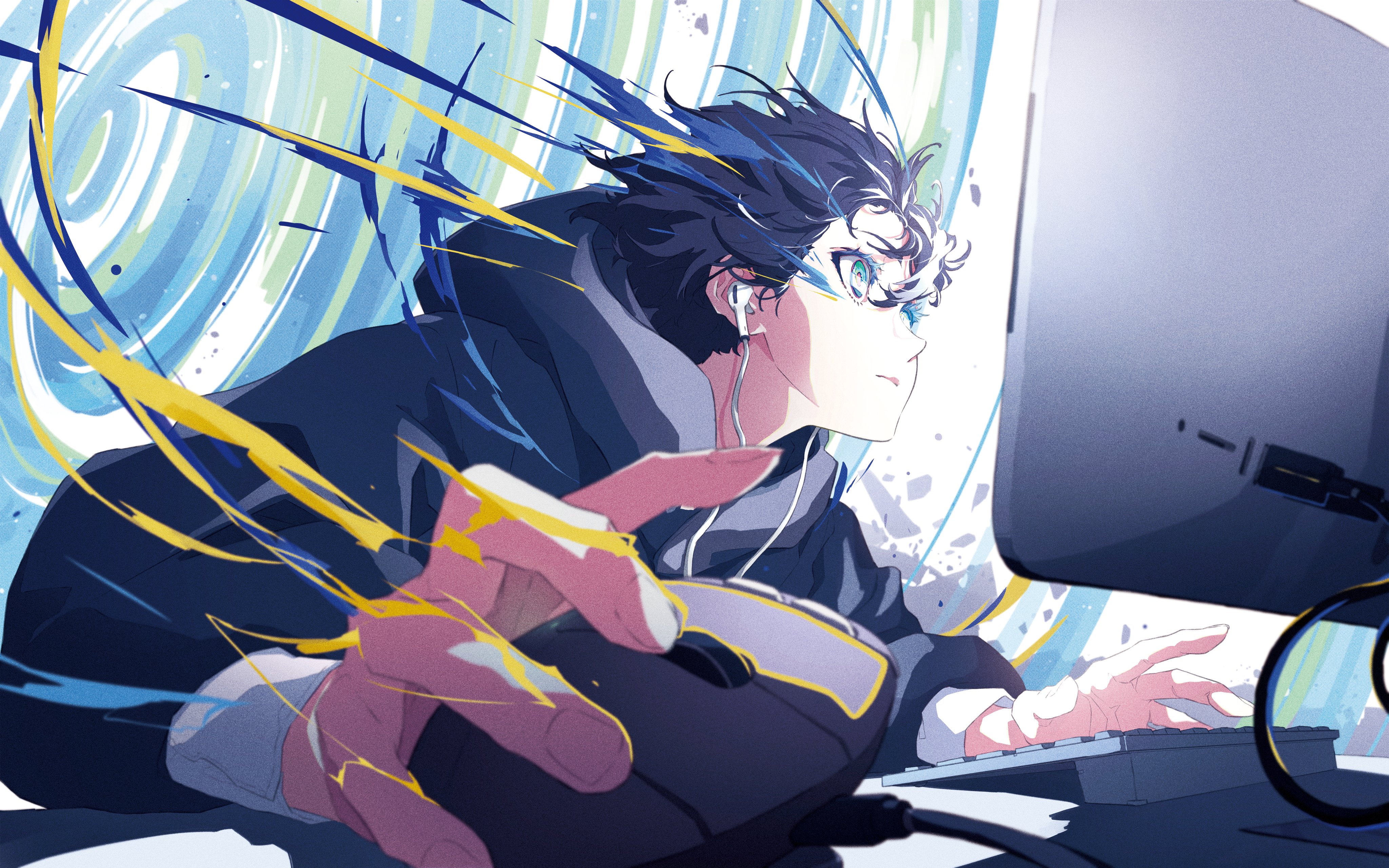 Anime boy with blue hair playing computer HD Wallpaper