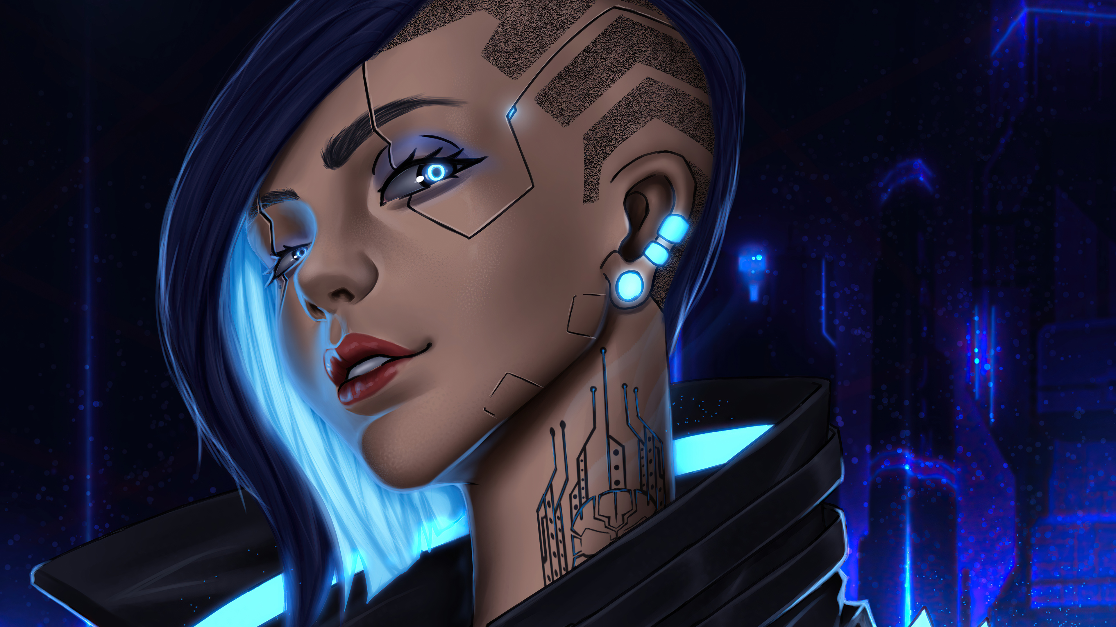 Cyberpunk Woman with Blue Neon Accents HD Wallpaper