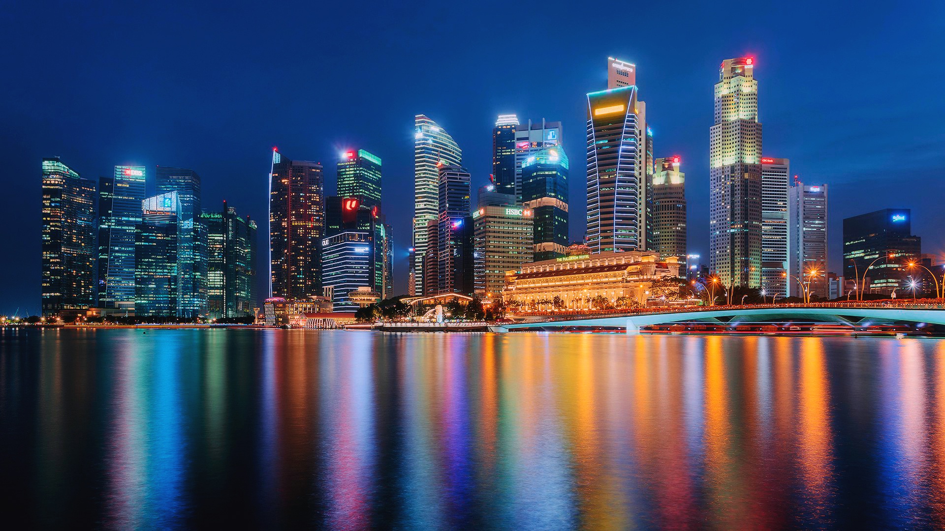 Singapore skyline at night with reflections HD Wallpaper