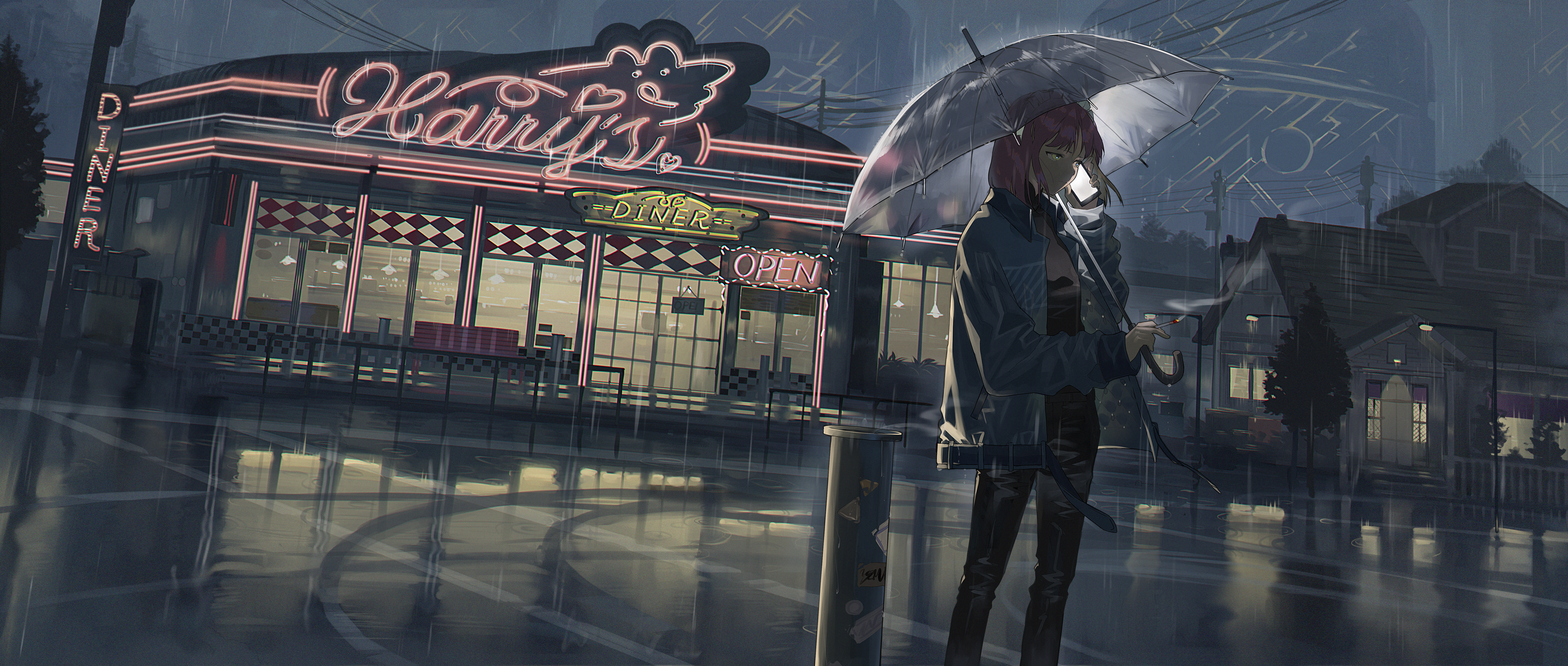 Girl with pink hair and umbrella at Harry's Diner in the rain HD Wallpaper