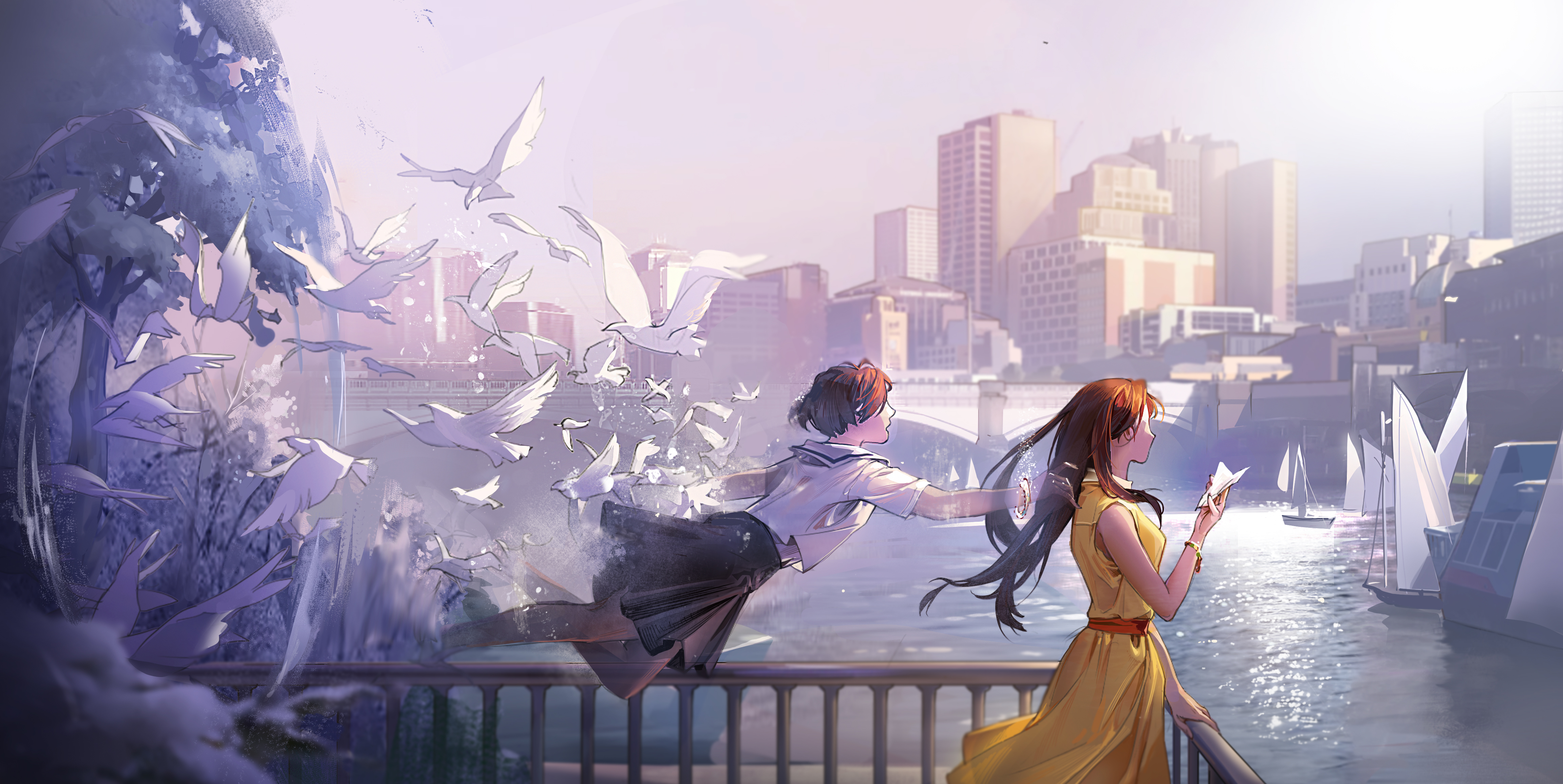 Women and Birds in a City by the Water HD Wallpaper