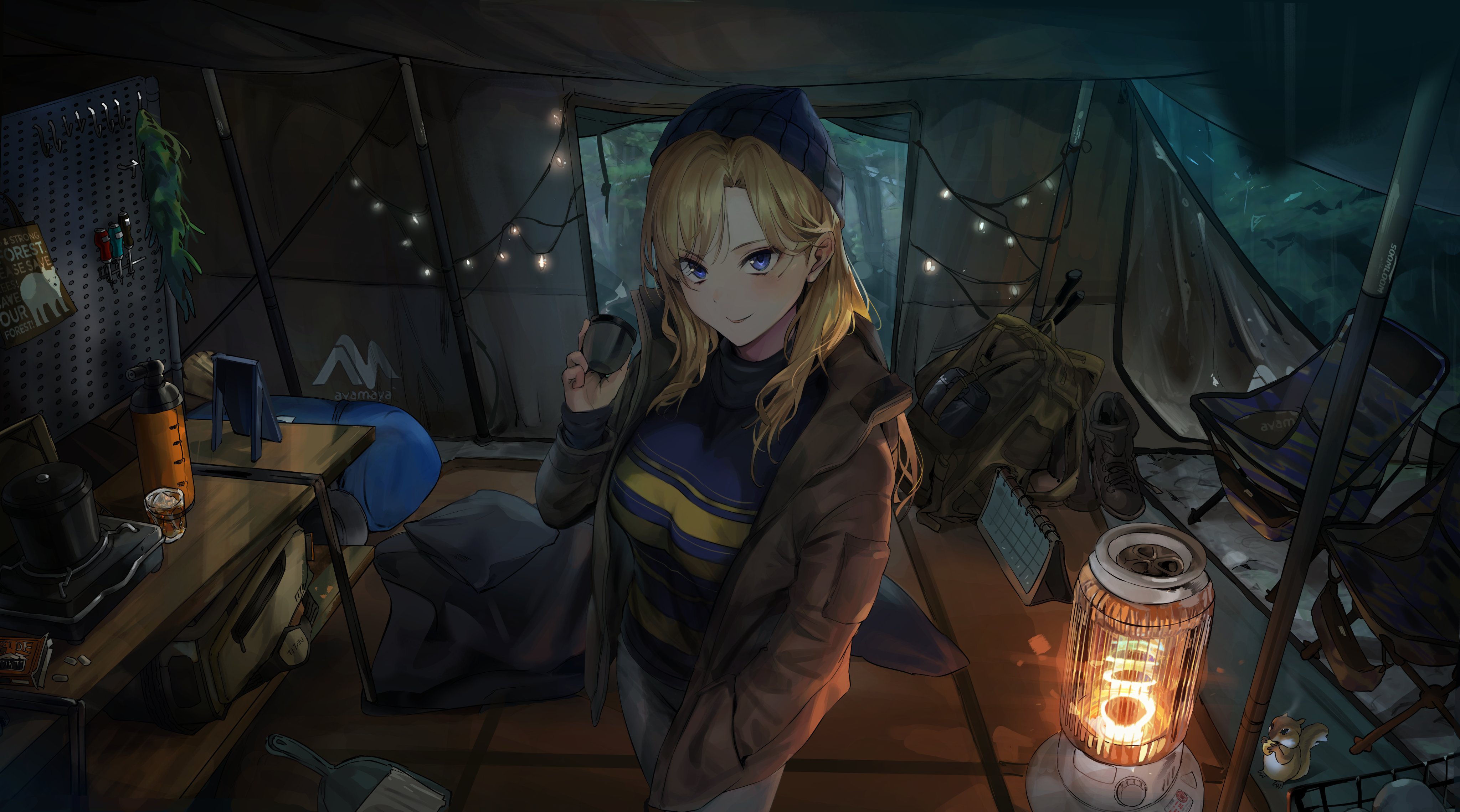 Blonde woman in a tent with camping gear HD Wallpaper