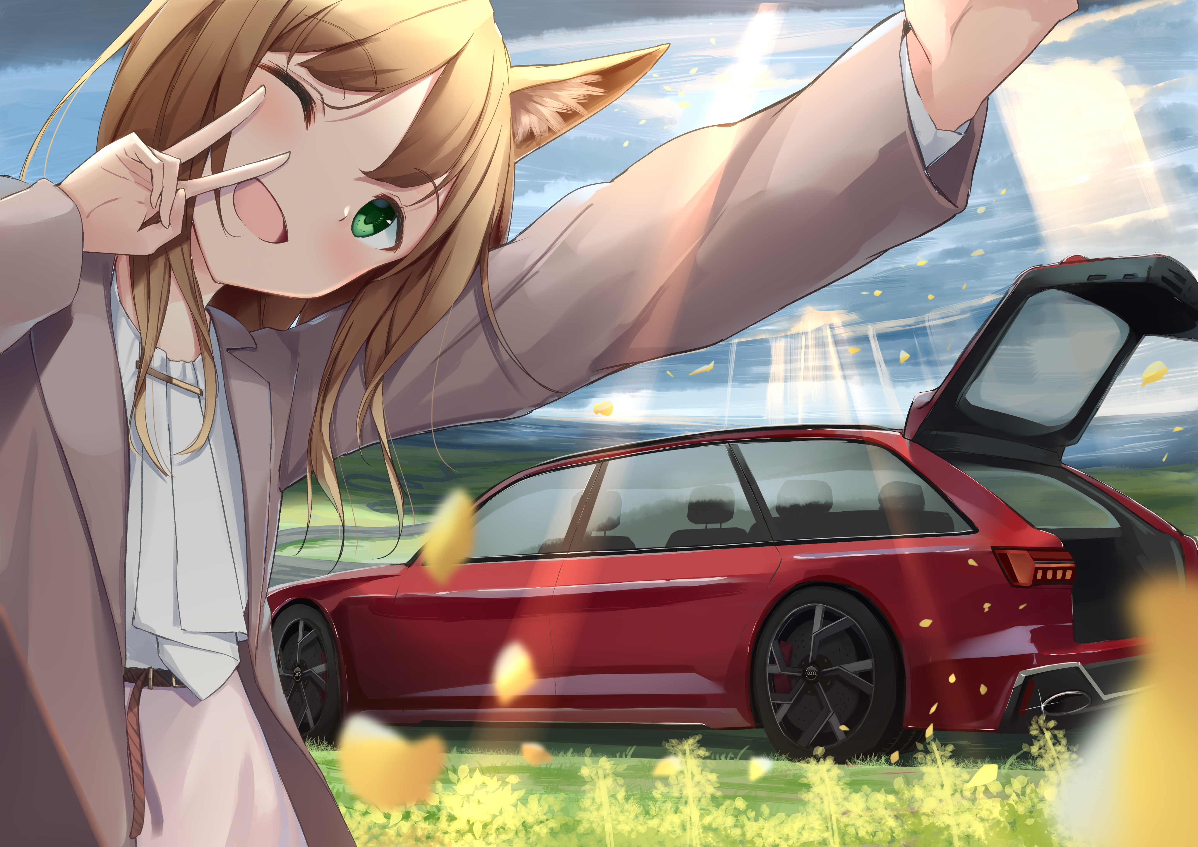 Girl with animal ears taking a selfie with a red car HD Wallpaper