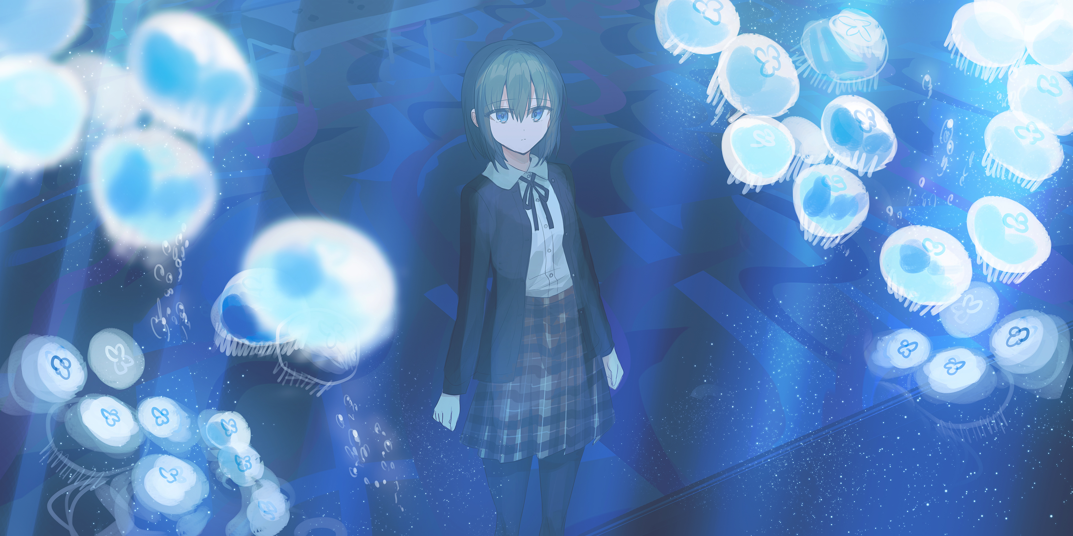 Girl with blue eyes surrounded by jellyfish HD Wallpaper
