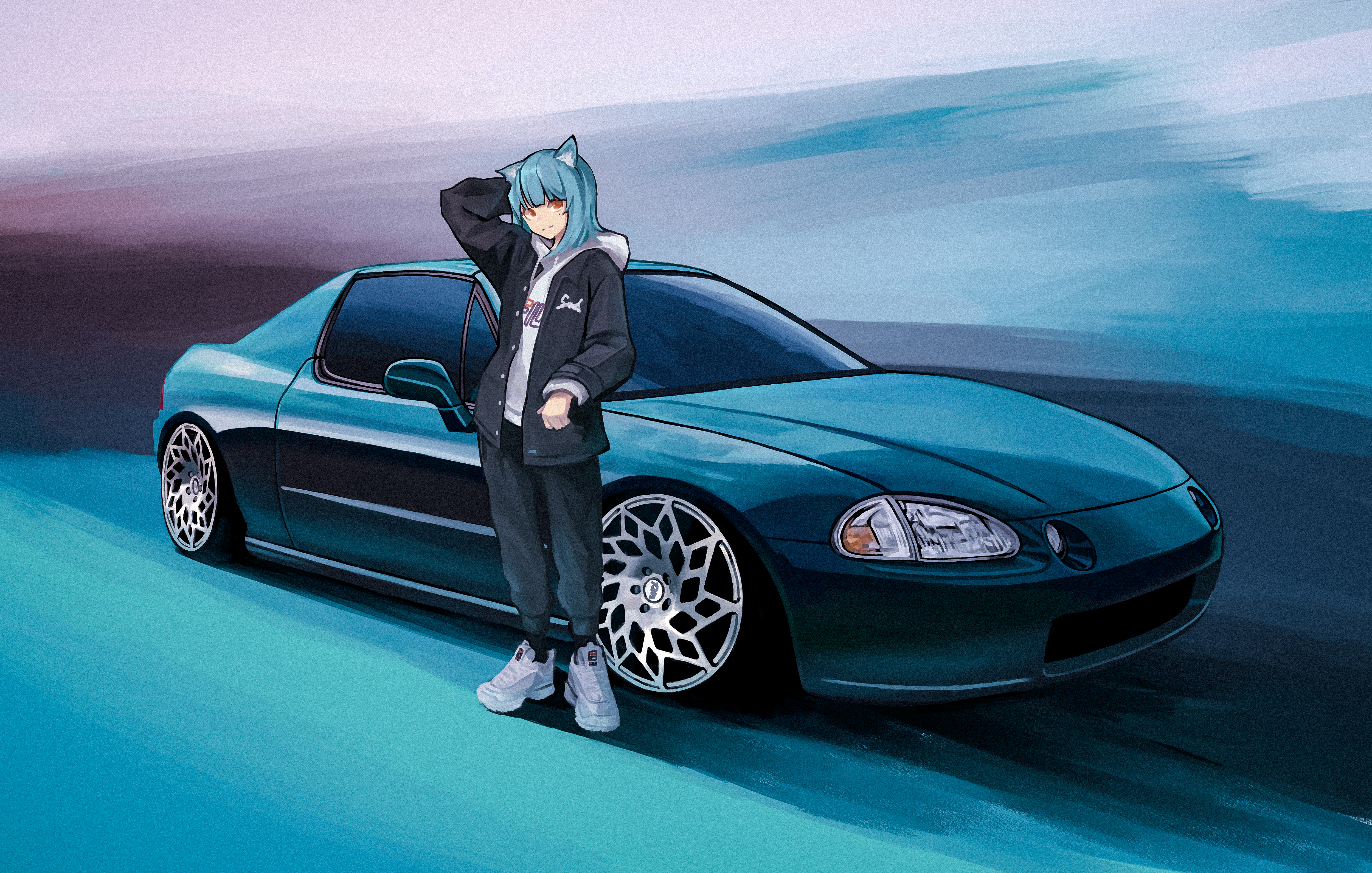 Anime girl with animal ears and blue hair next to a car HD Wallpaper