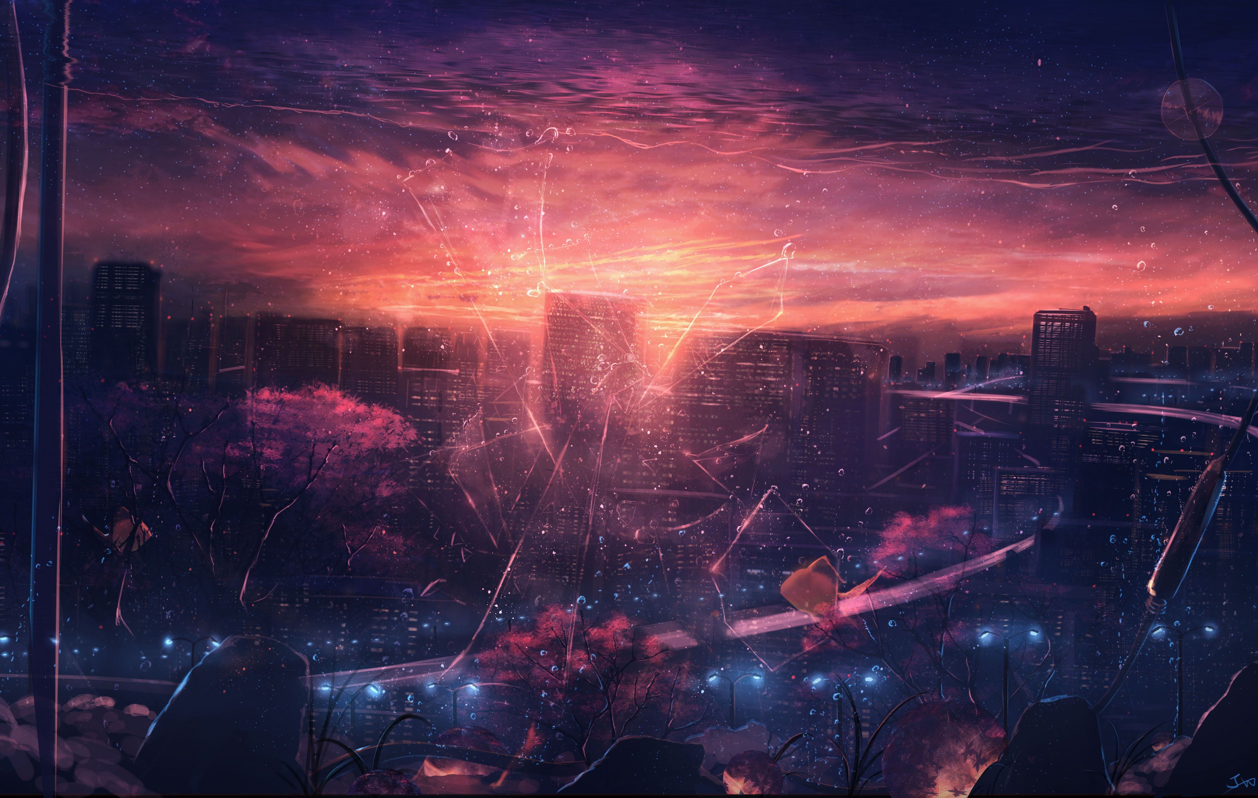 Cityscape at Sunset Through Cracked Glass HD Wallpaper