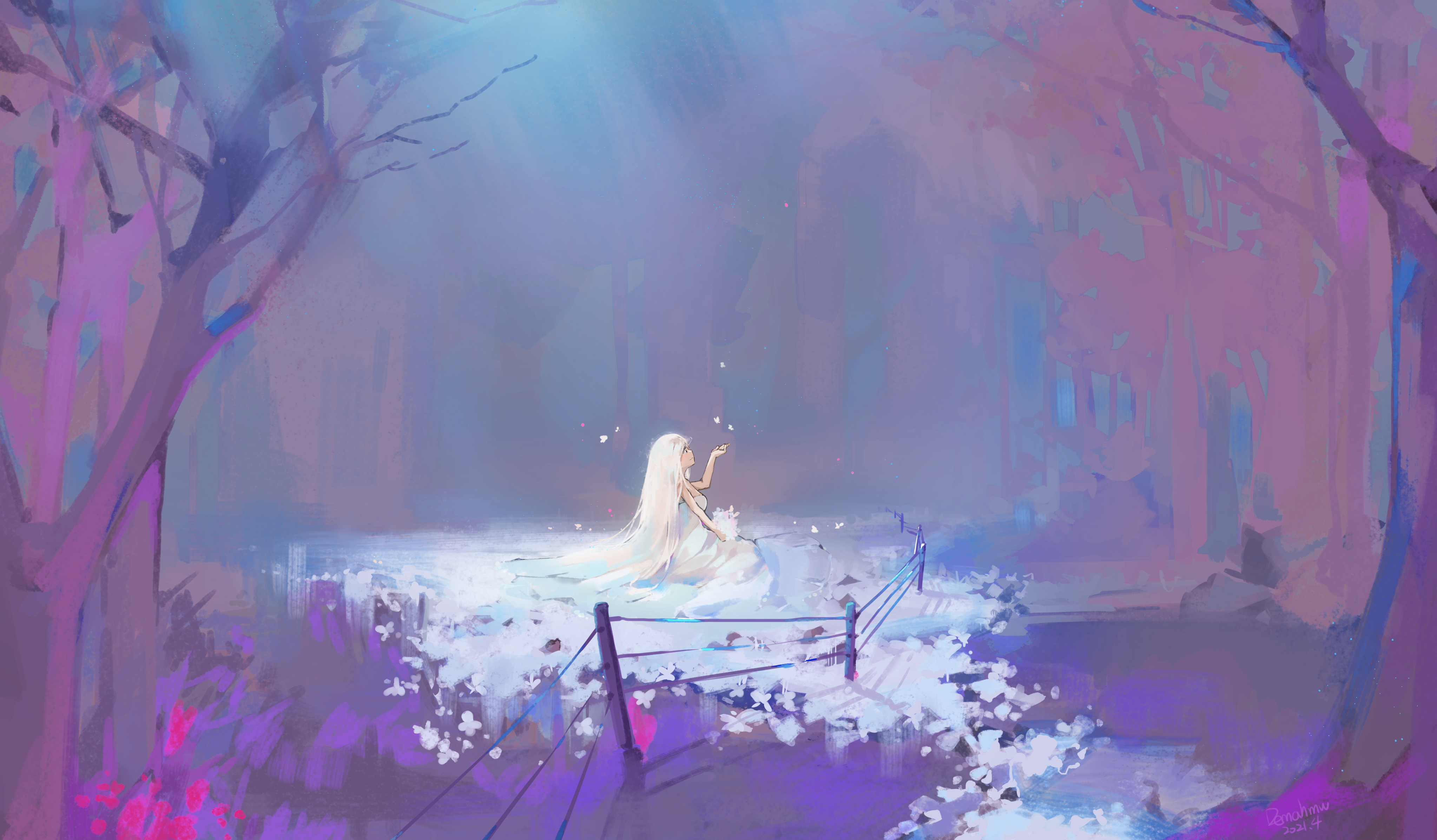 Girl with White Hair in a Purple Forest HD Wallpaper