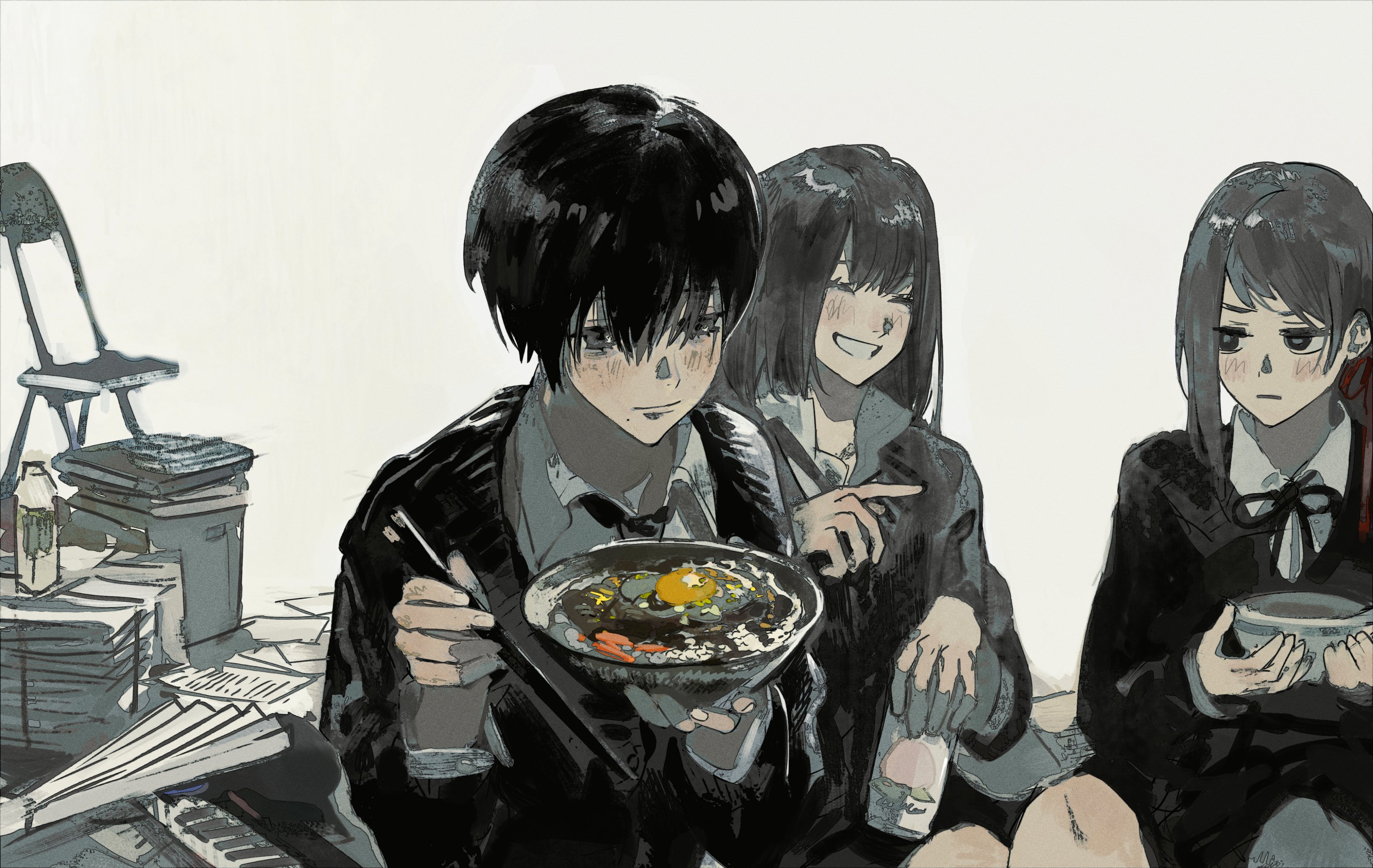 Three students in school uniforms eating HD Wallpaper