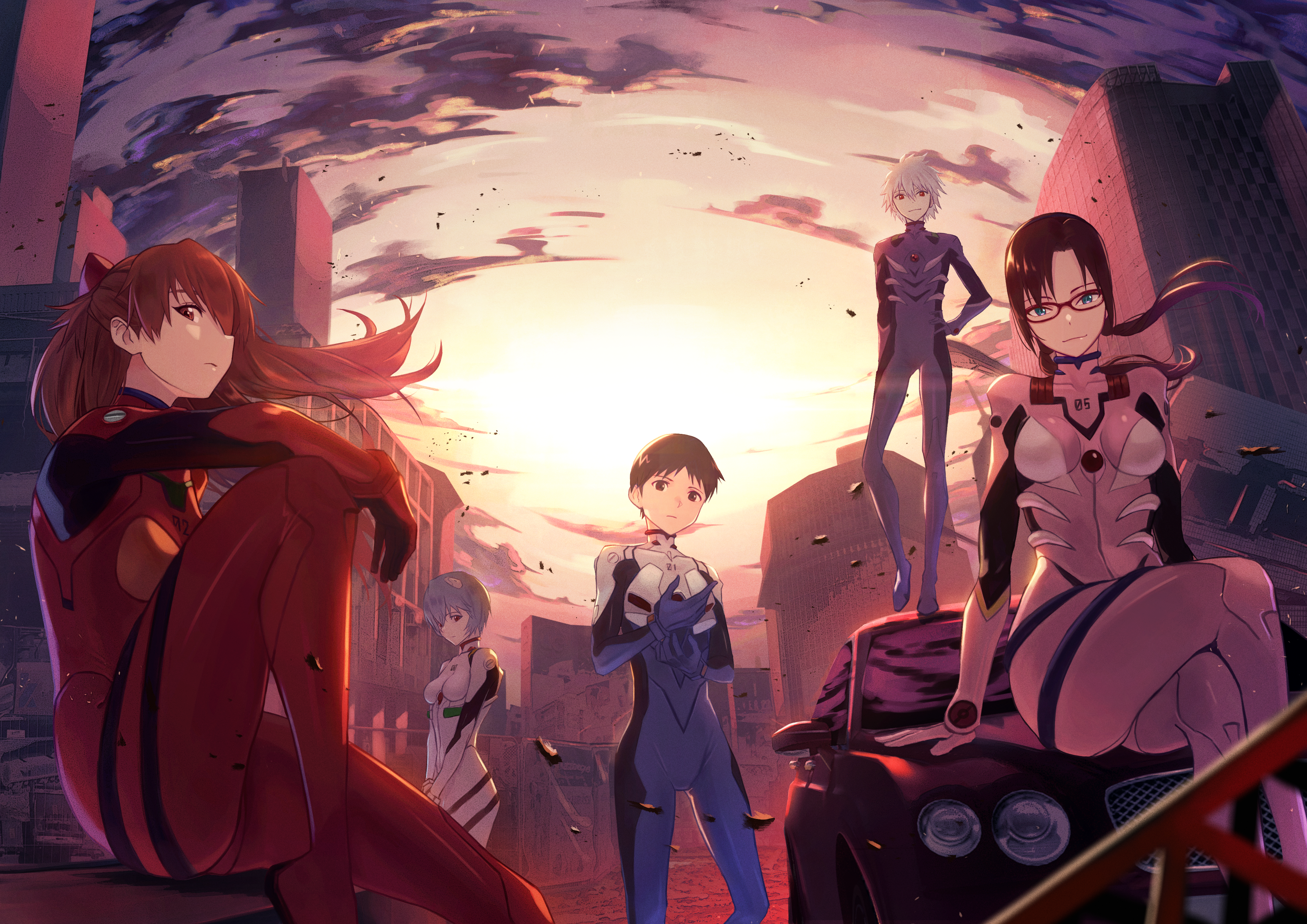 Evangelion Characters in a Ruined Cityscape HD Wallpaper