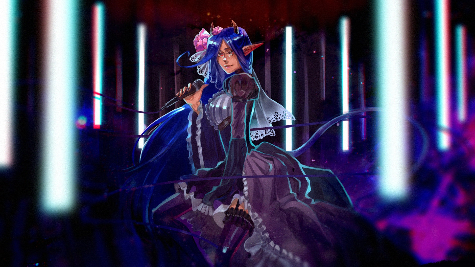 Fantasy woman with blue hair singing into a microphone HD Wallpaper