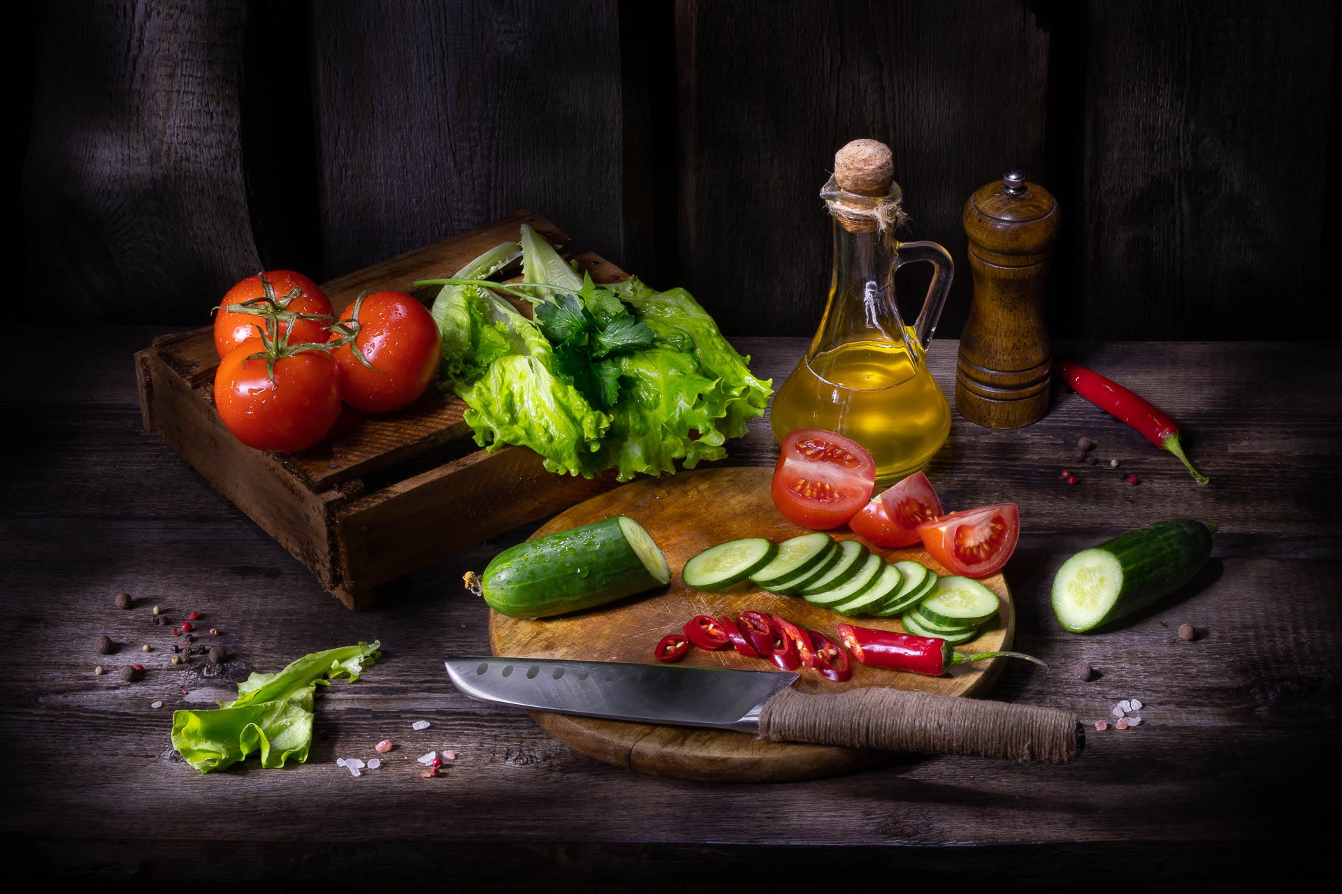 Still life with tomatoes, cucumbers, lettuce, oil, and spices HD Wallpaper