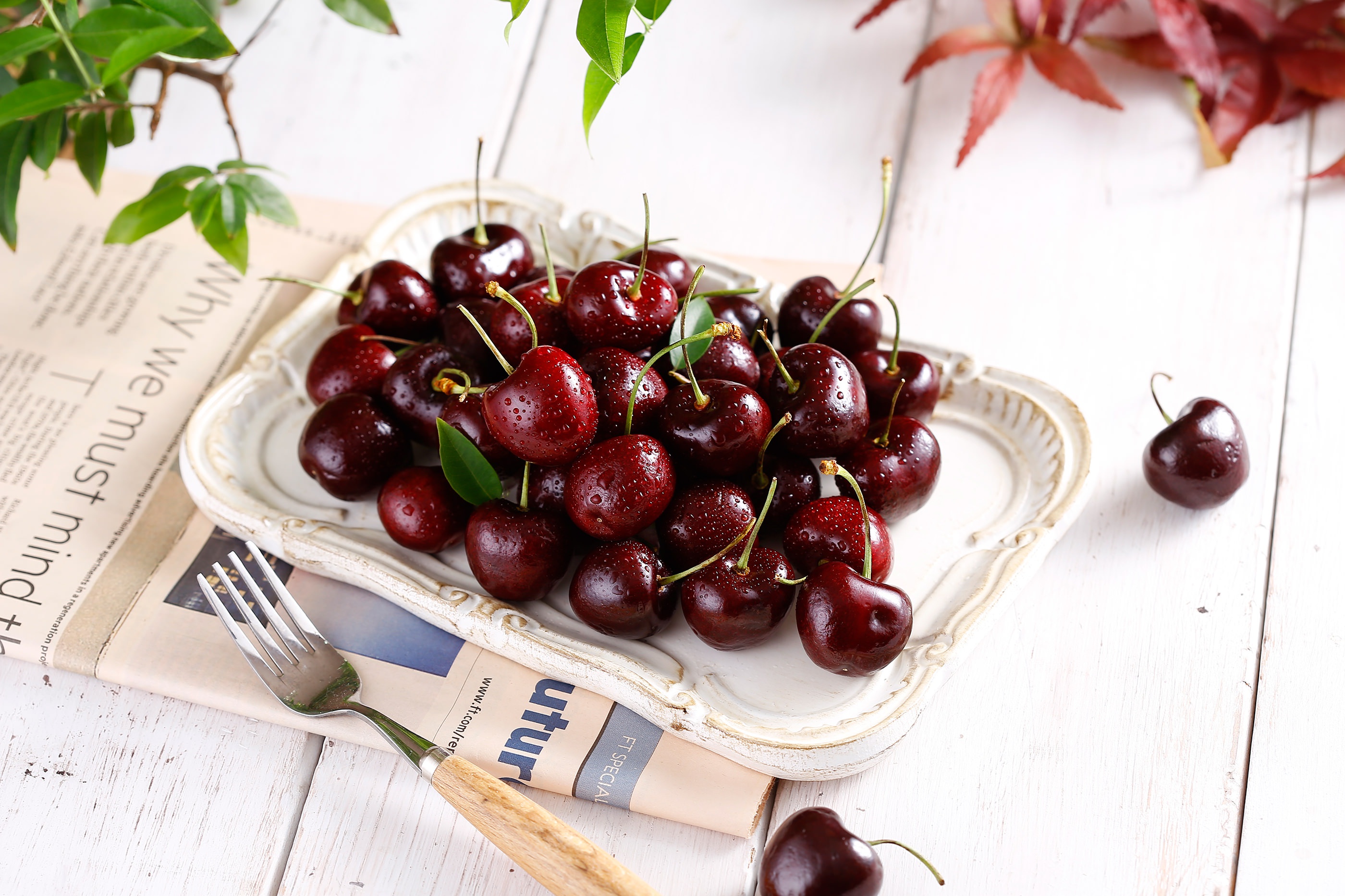 Fresh Cherries on a Decorative Plate with Fork HD Wallpaper