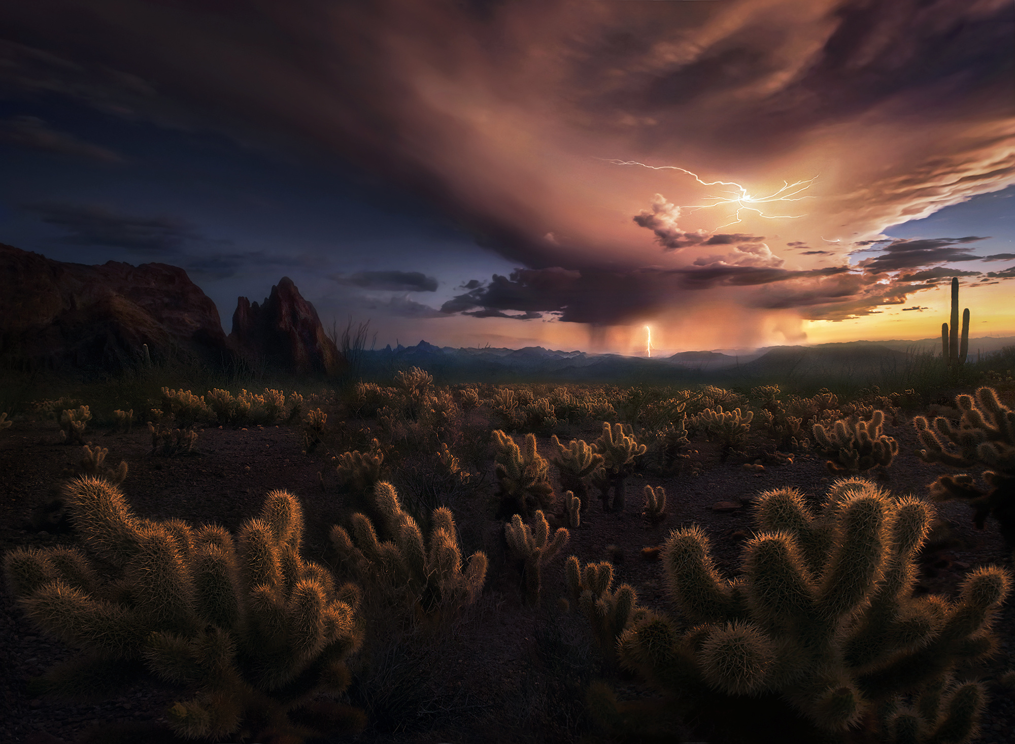 Desert storm with lightning over cacti HD Wallpaper