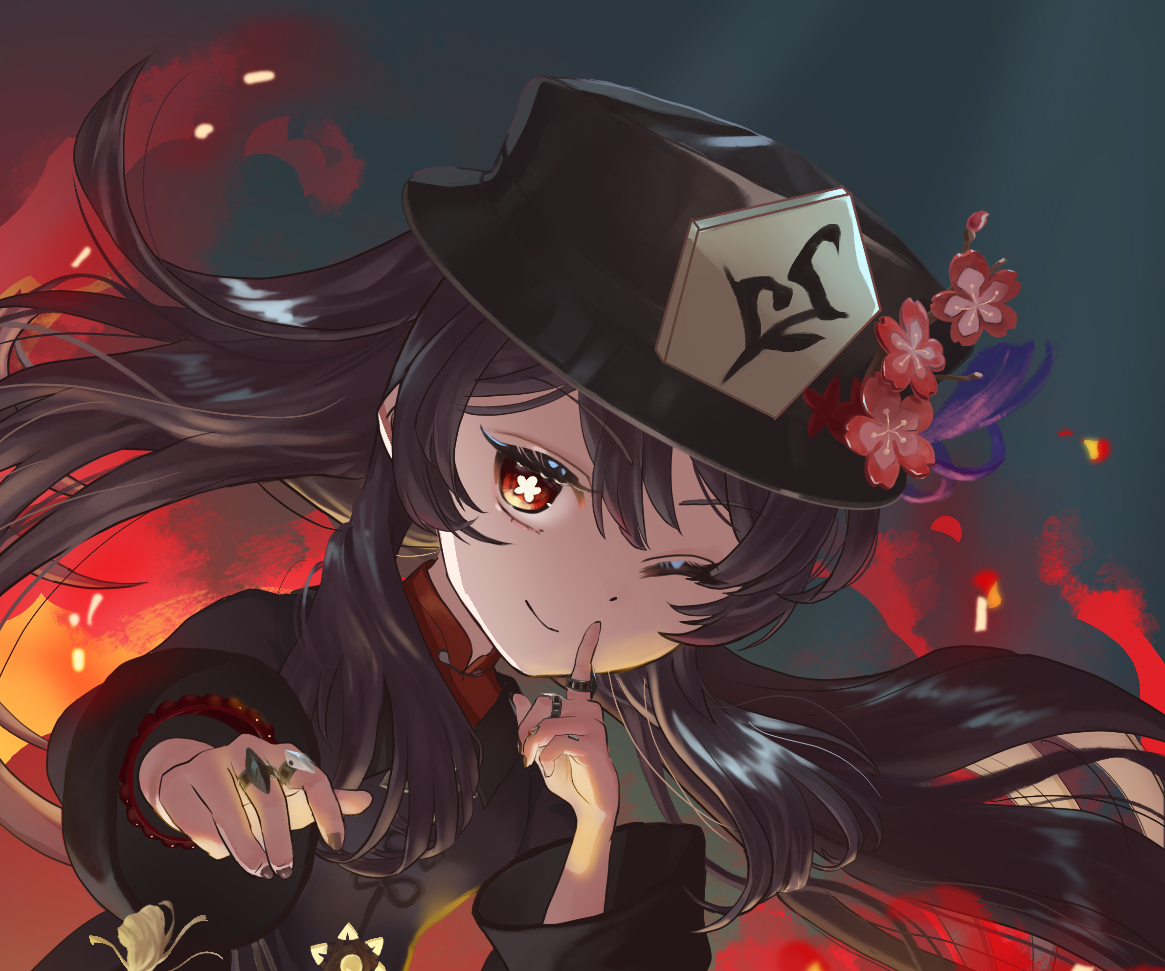 Hu Tao with a hat and flowers HD Wallpaper