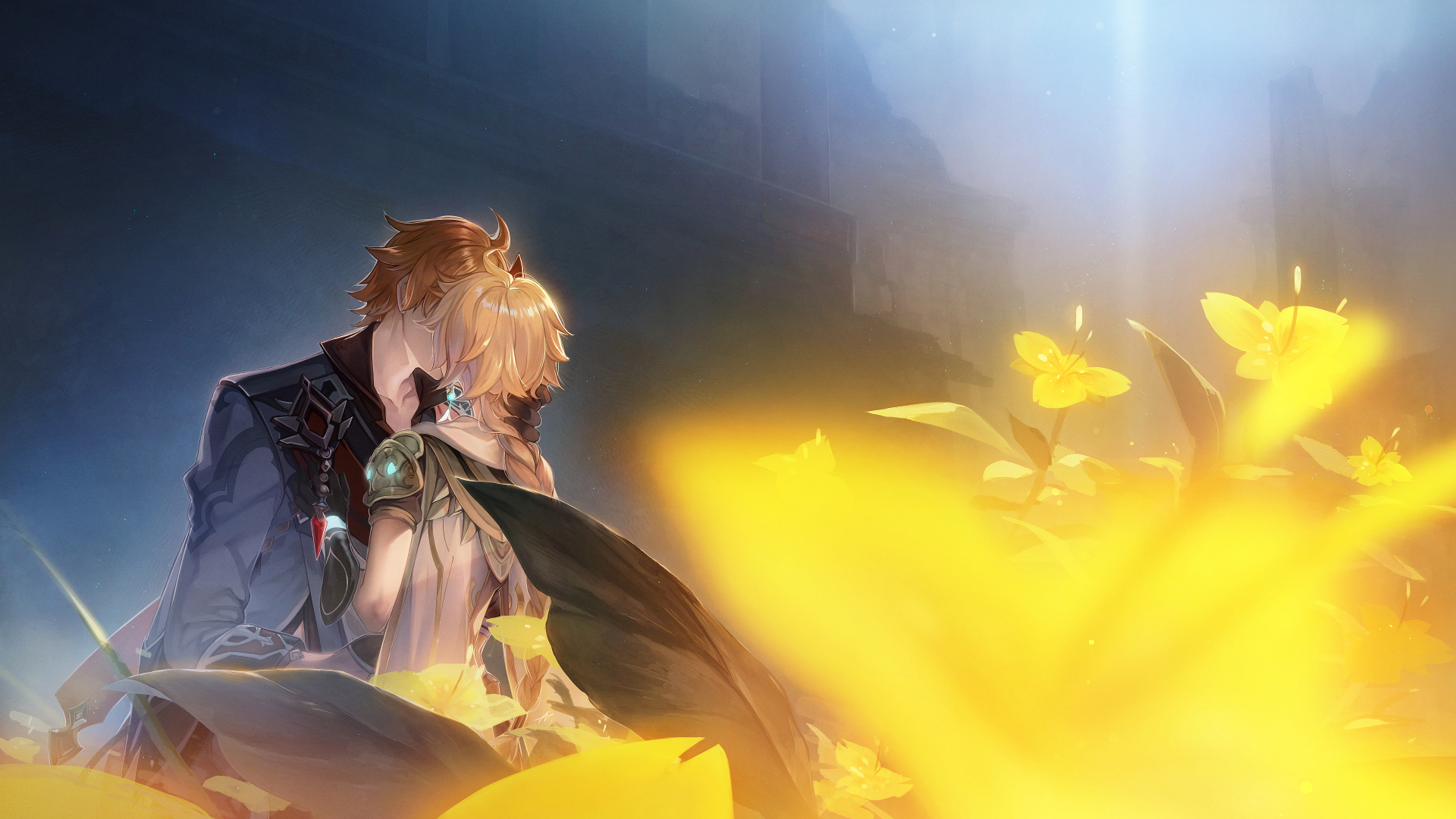 Lumine and Tartaglia Childe Embrace in Light HD Wallpaper