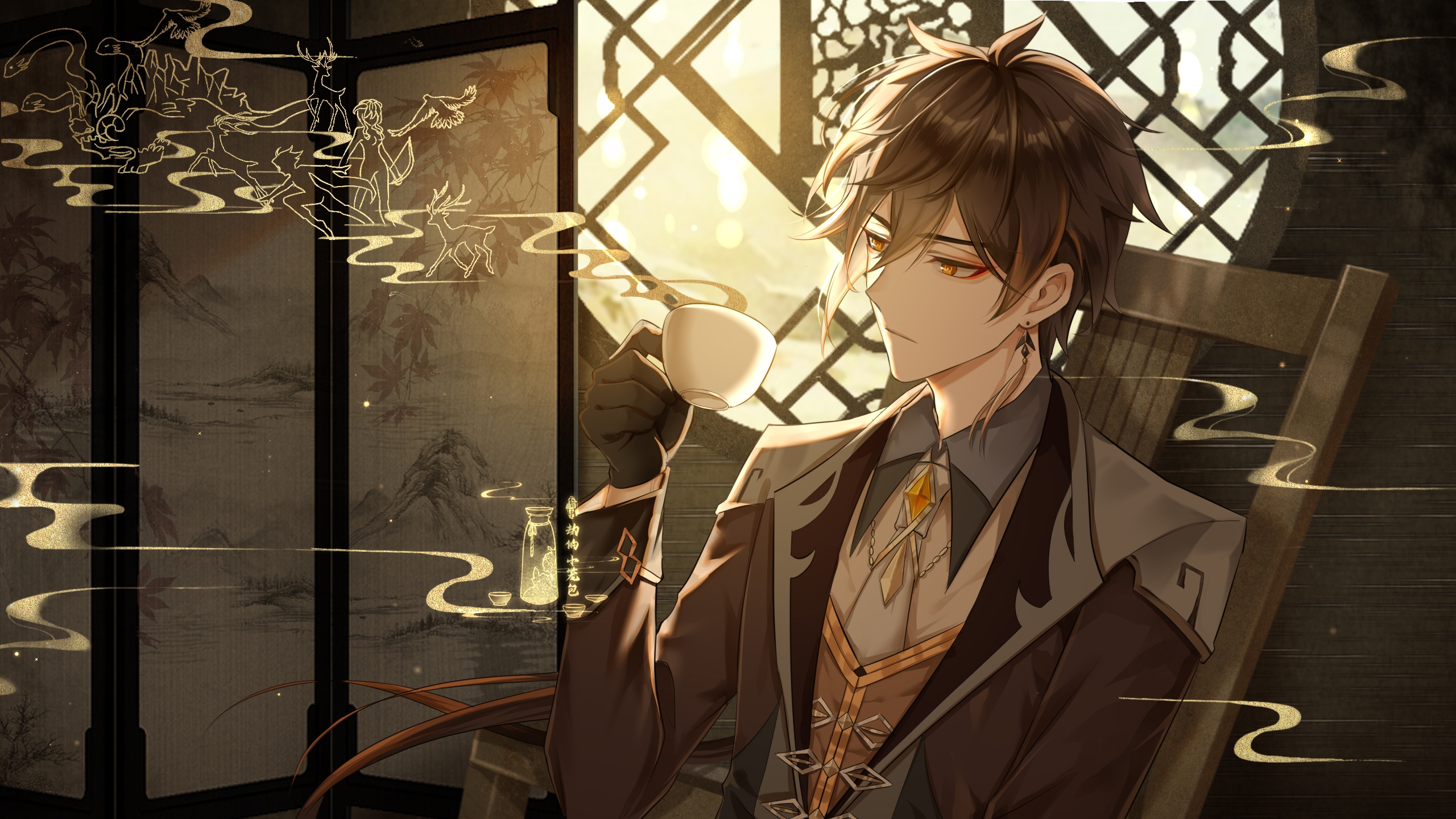 Zhongli from Genshin Impact drinking tea HD Wallpaper