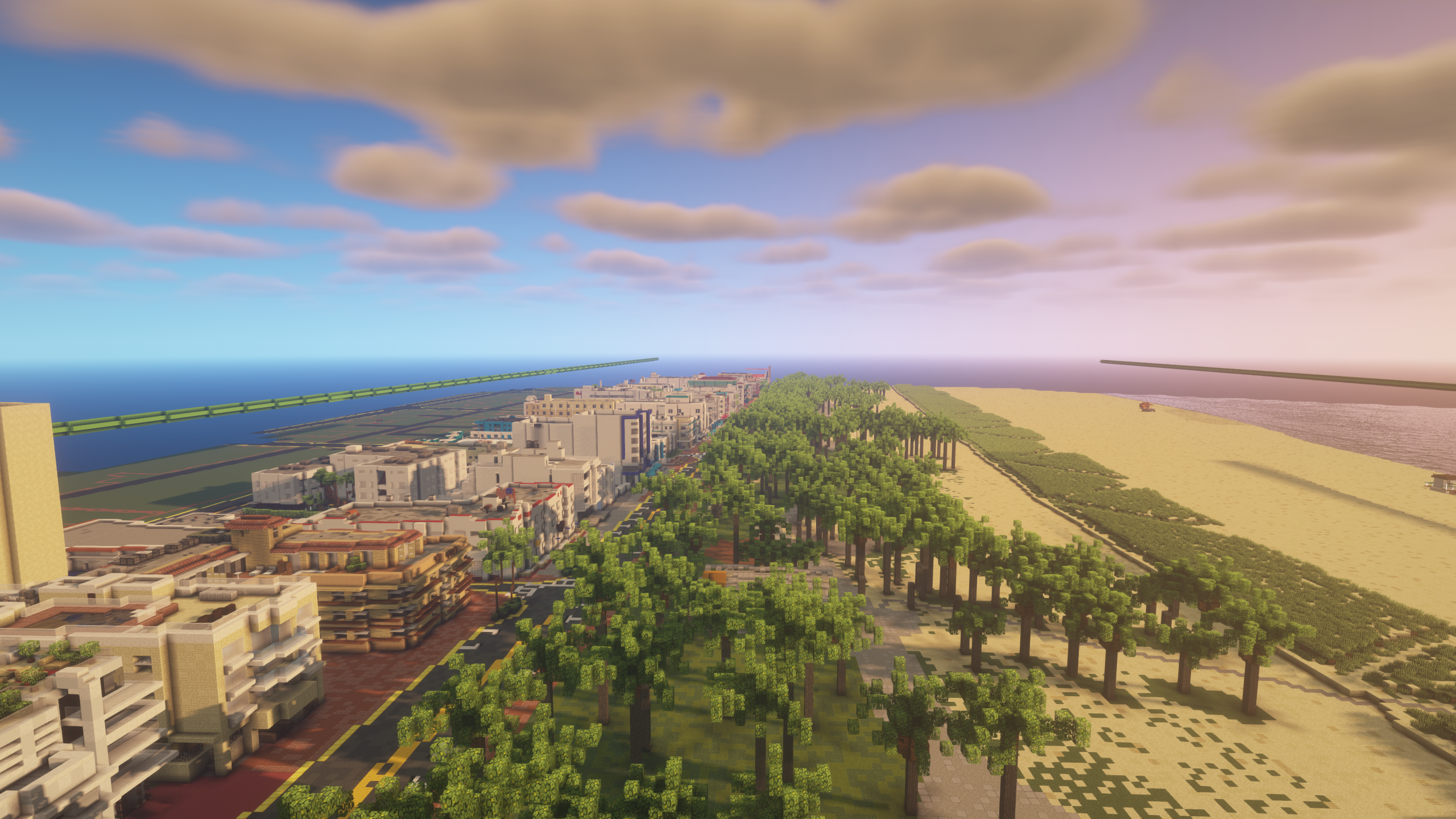 Minecraft city built along a beach and ocean HD Wallpaper