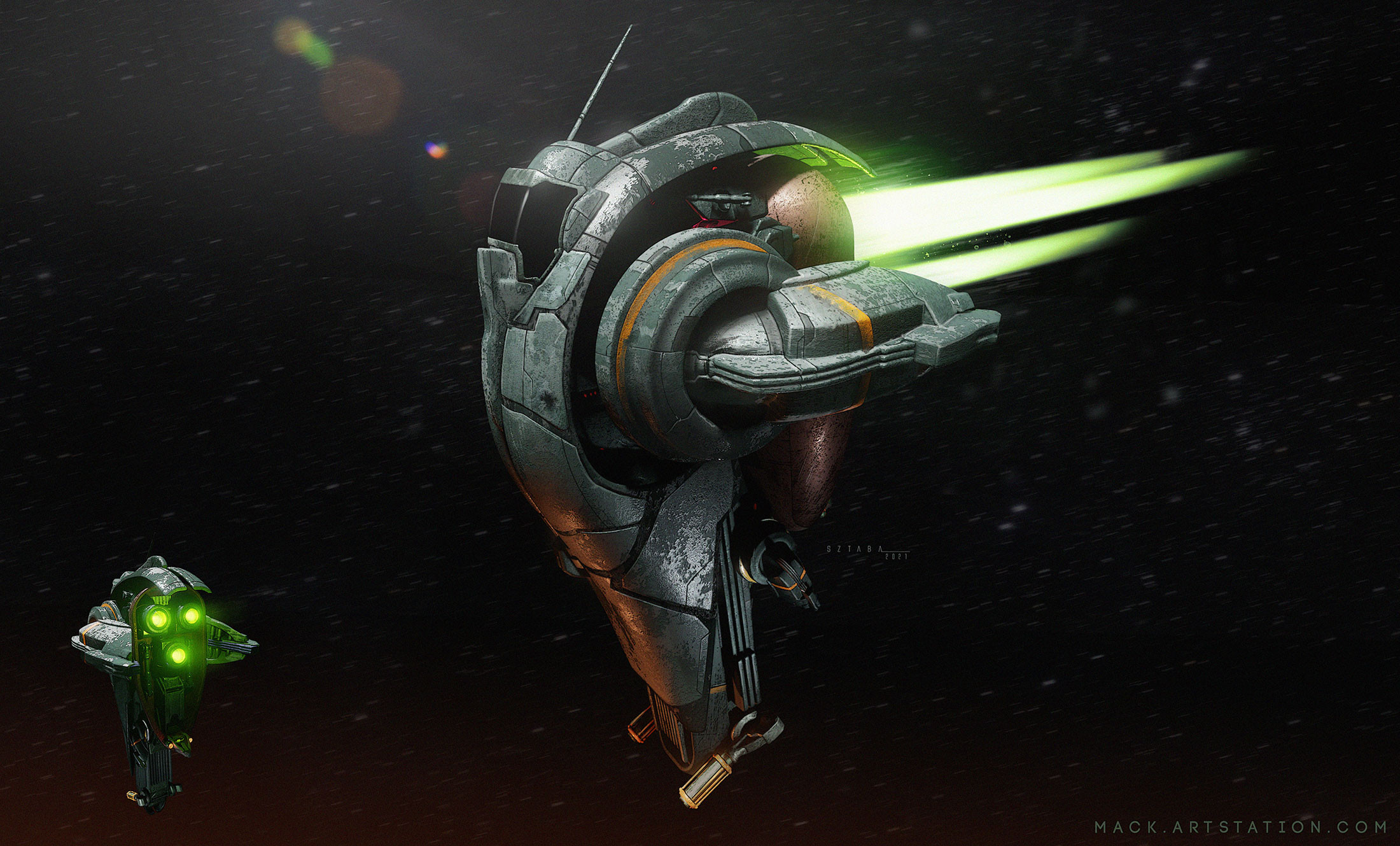 The Vagabond spaceship firing a green laser beam HD Wallpaper