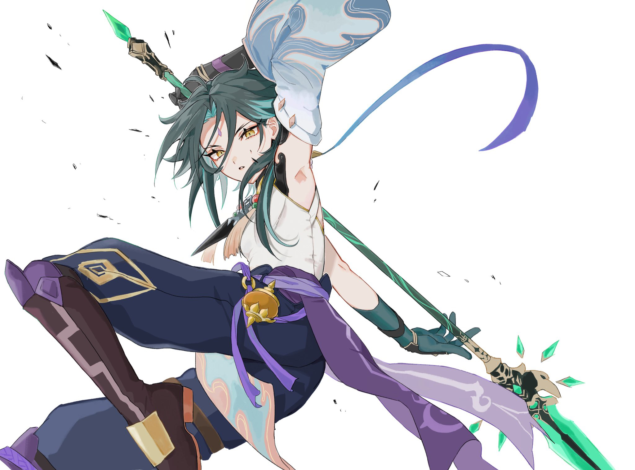 Xiao from Genshin Impact with a polearm HD Wallpaper