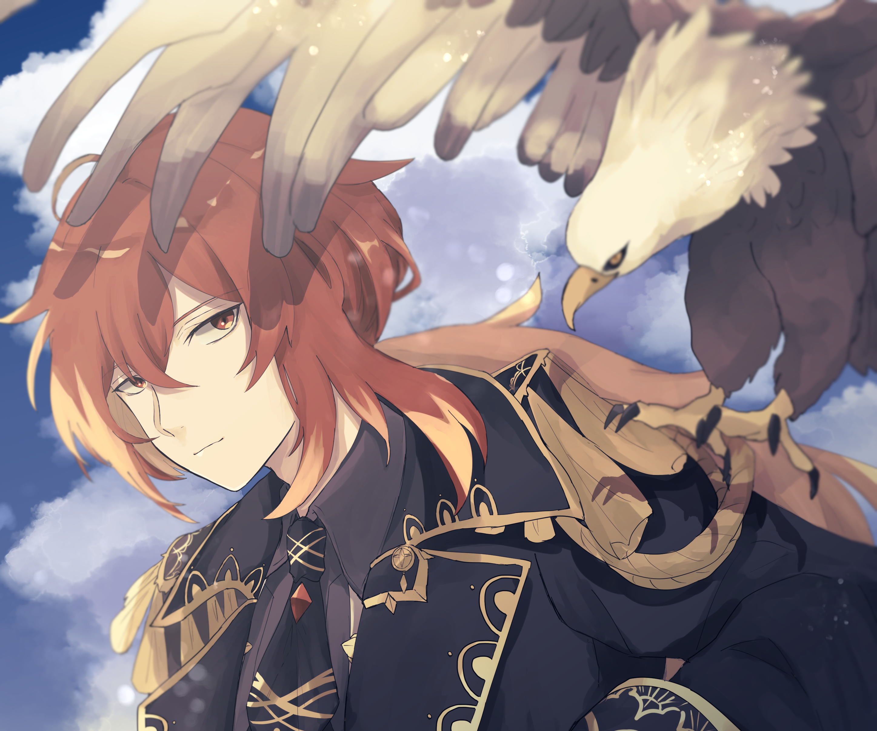 Diluc from Genshin Impact with an eagle HD Wallpaper