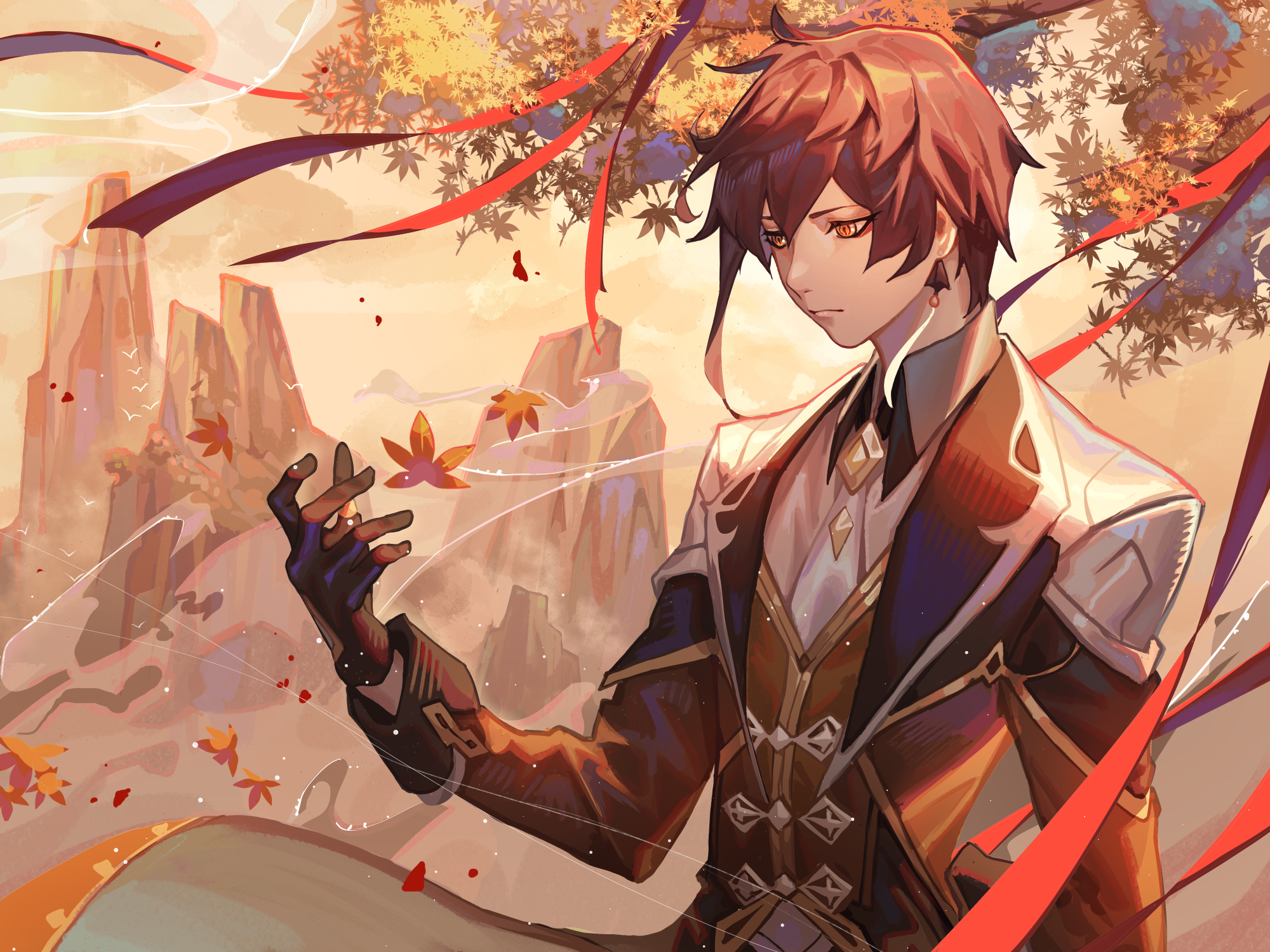 Zhongli from Genshin Impact with falling leaves HD Wallpaper