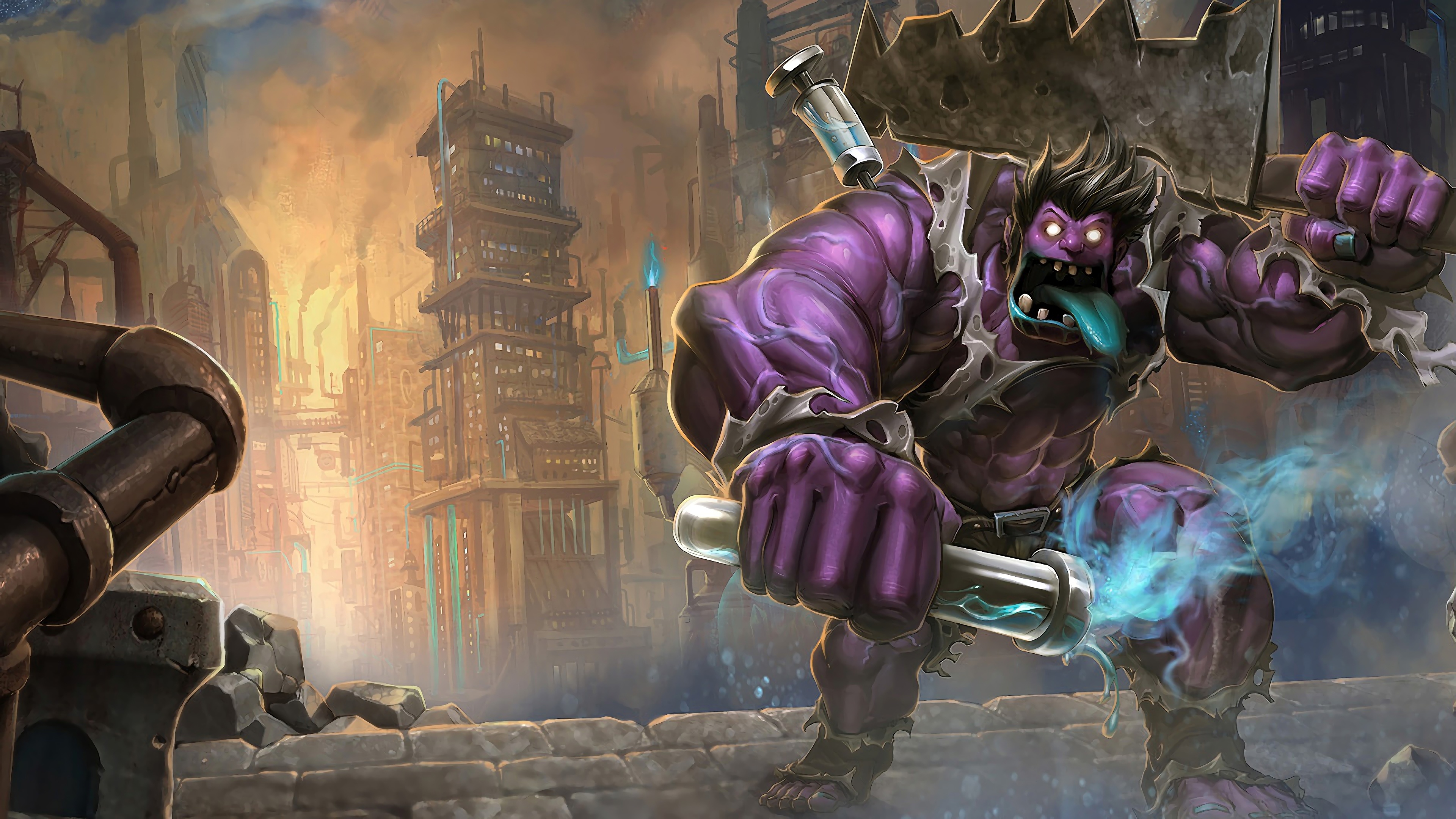 Dr. Mundo from League of Legends in a toxic industrial city HD Wallpaper