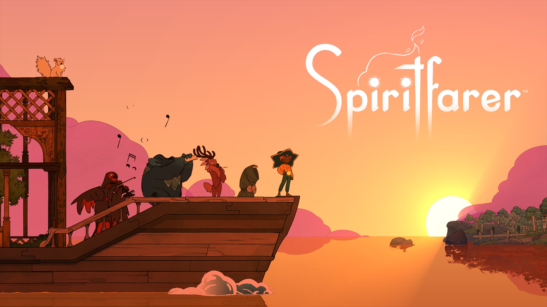 Spiritfarer characters on a boat at sunset HD Wallpaper