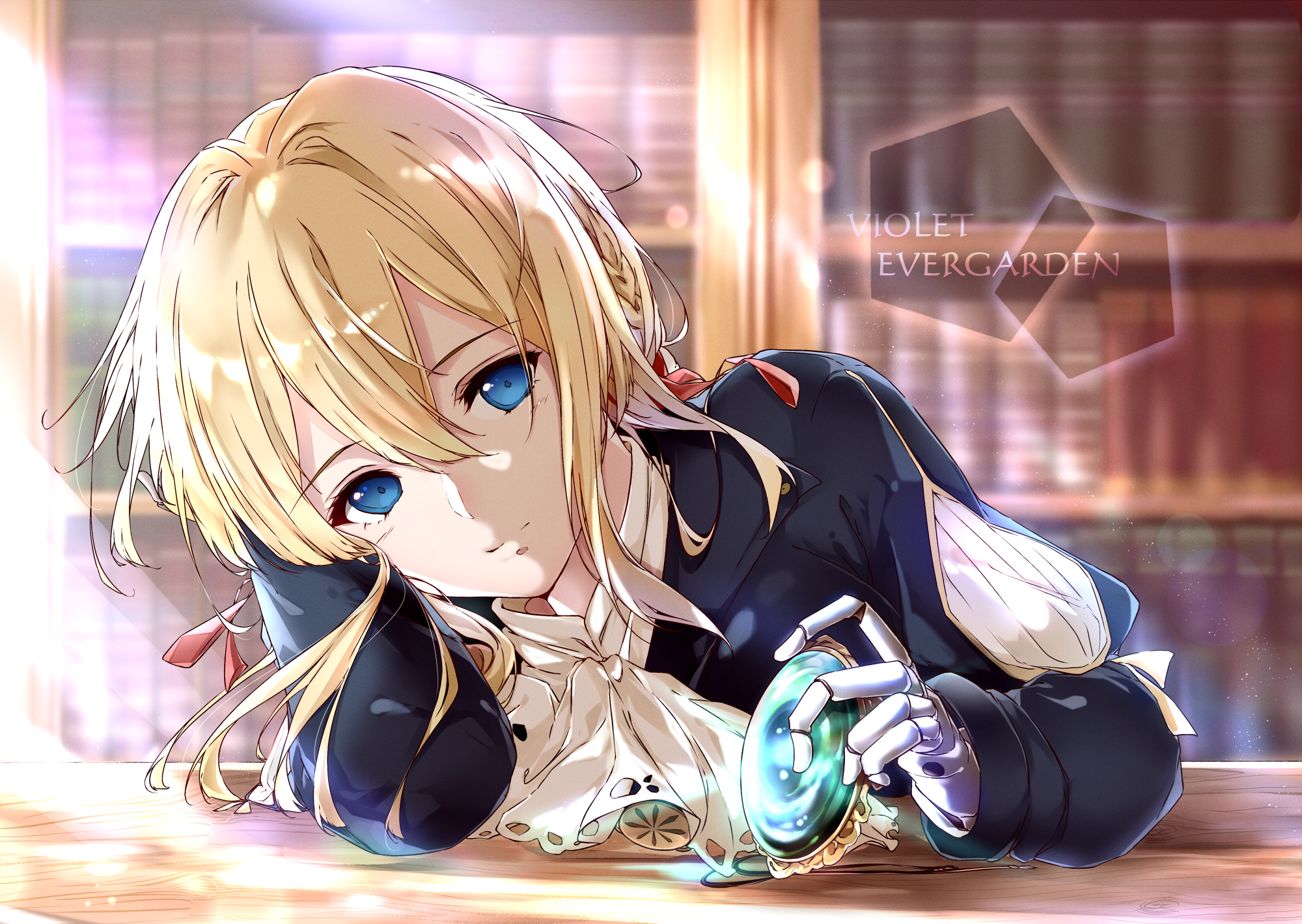 Violet Evergarden with a mechanical arm holding a compass HD Wallpaper