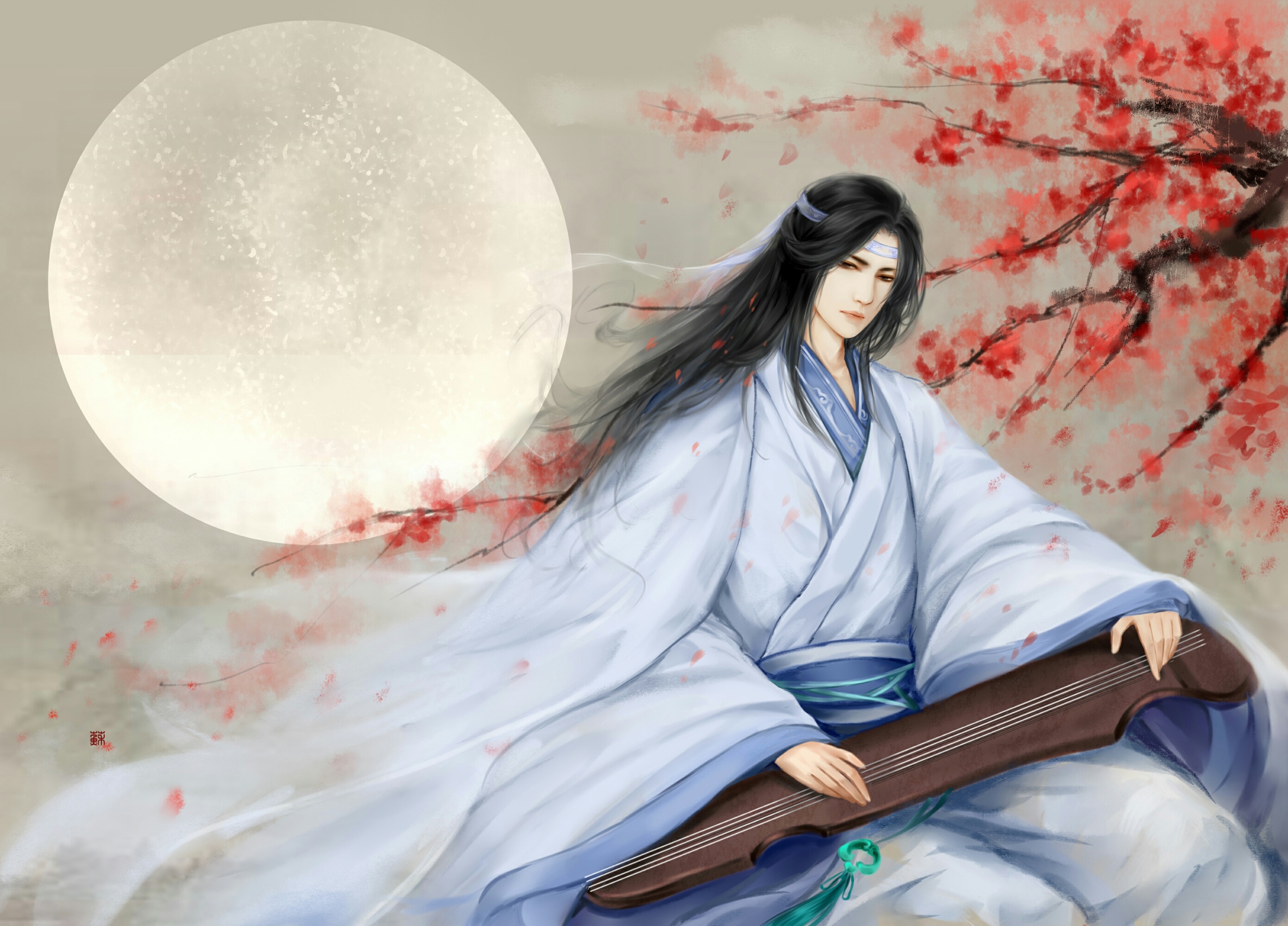 Lan Wangji playing Guqin under the moon HD Wallpaper
