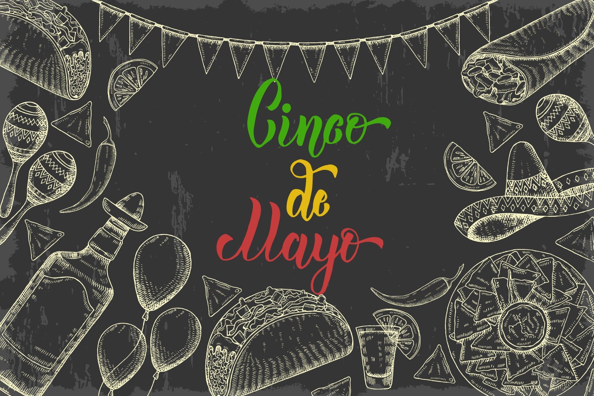 Cinco De Mayo chalk art with Mexican food and decorations HD Wallpaper