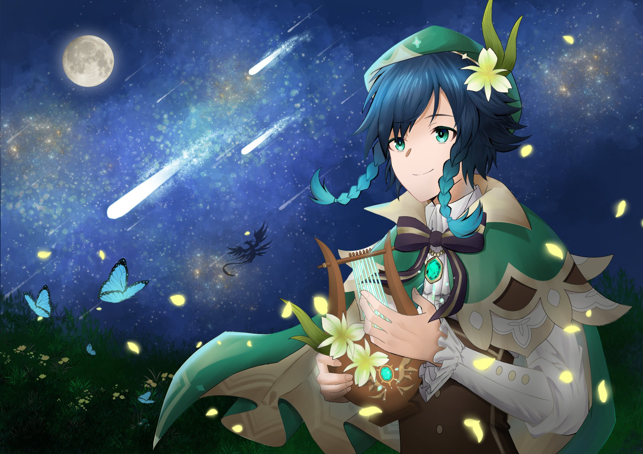Venti from Genshin Impact plays a lyre under a starry sky HD Wallpaper