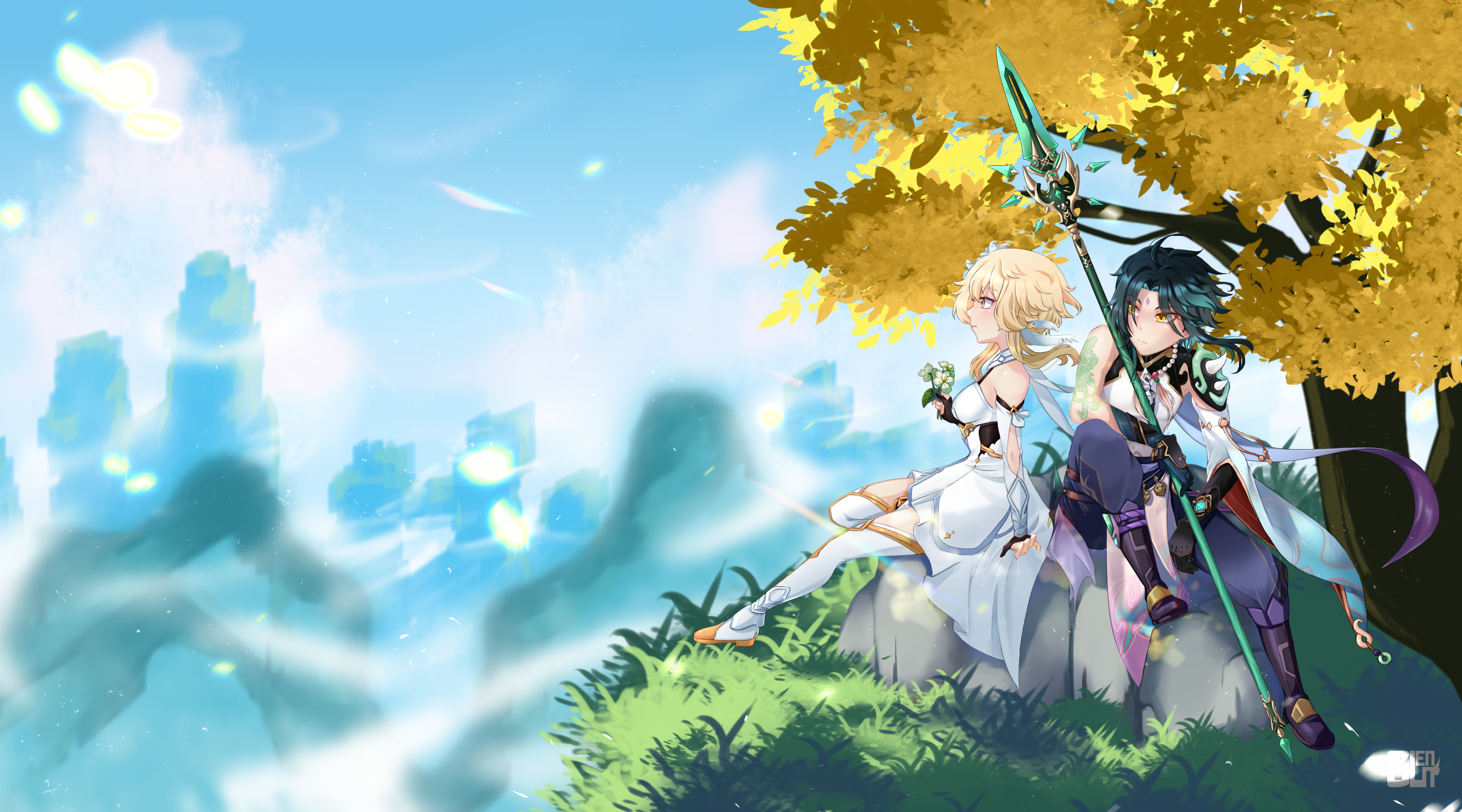 Lumine and Xiao from Genshin Impact sit under a tree HD Wallpaper