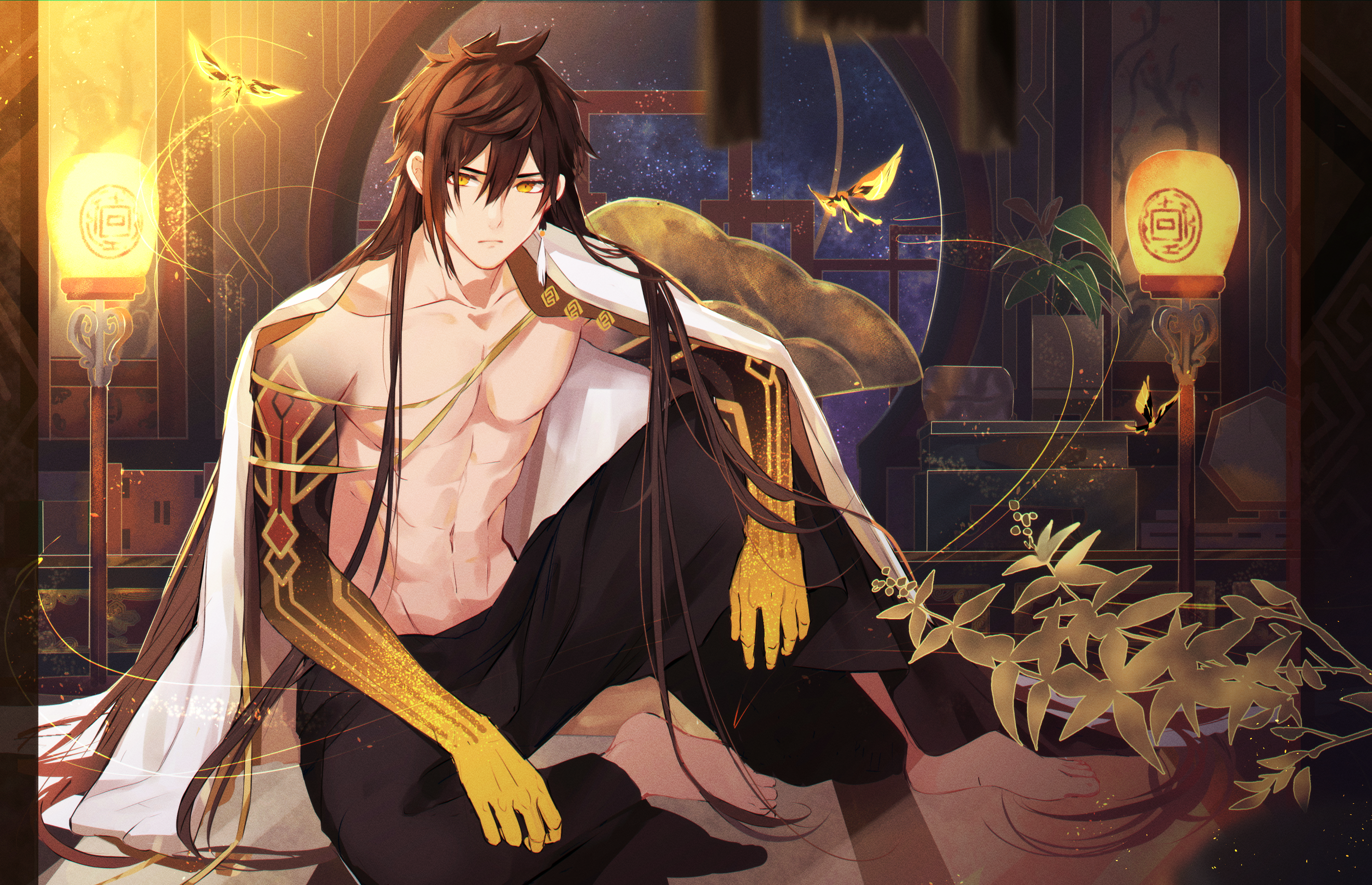 Zhongli from Genshin Impact sitting indoors HD Wallpaper