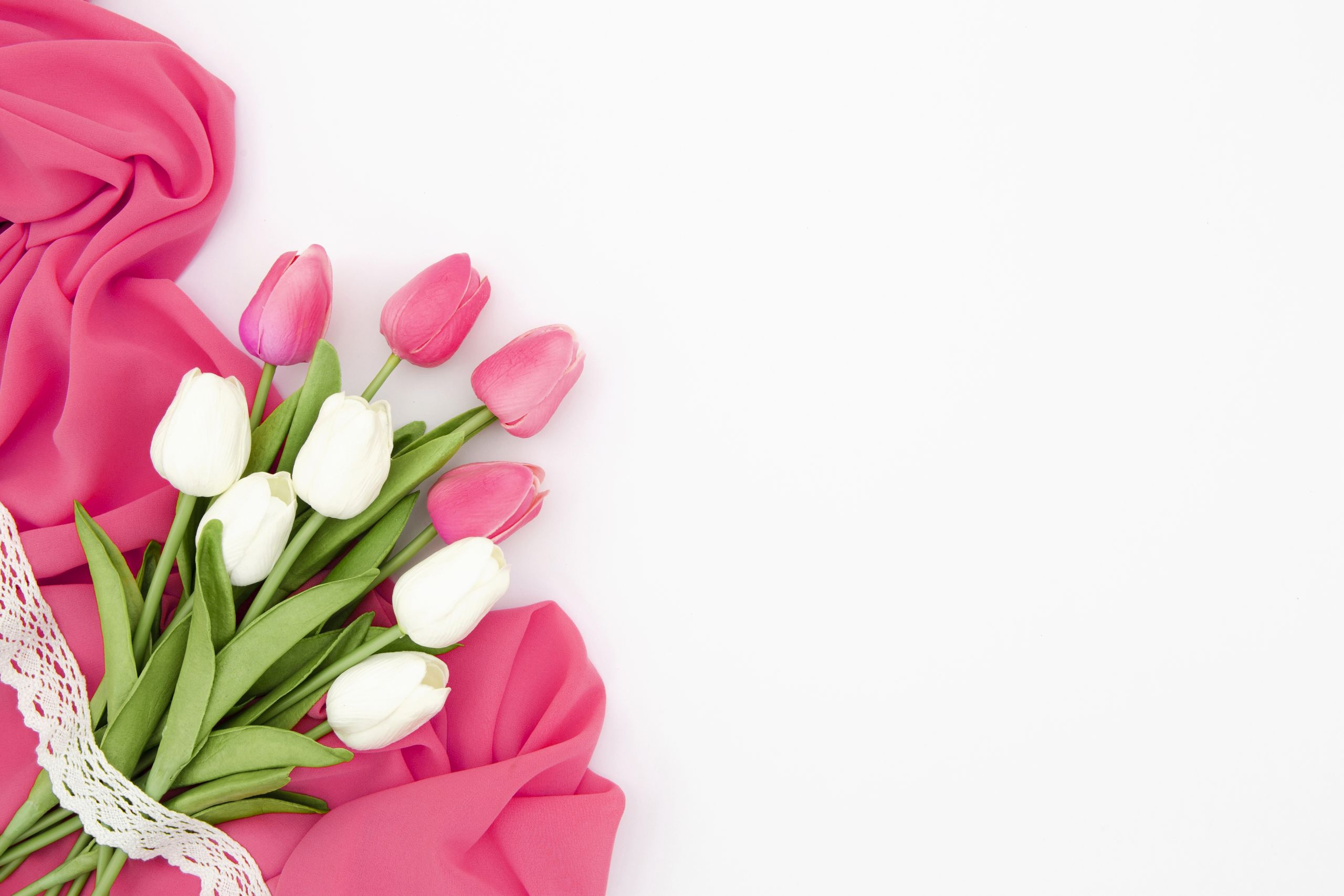 Pink and white tulips with pink fabric and lace HD Wallpaper