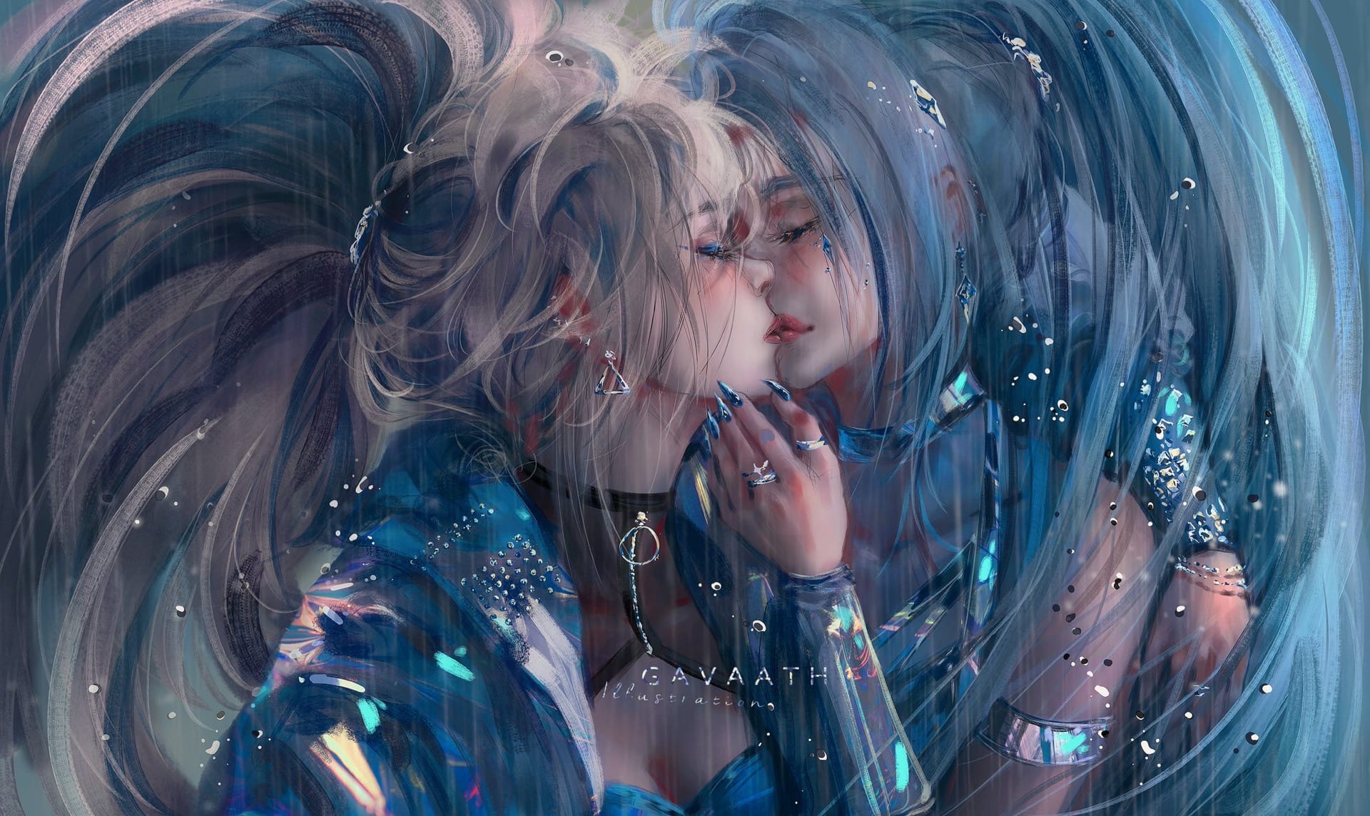 Akali and Seraphine kissing in the rain HD Wallpaper