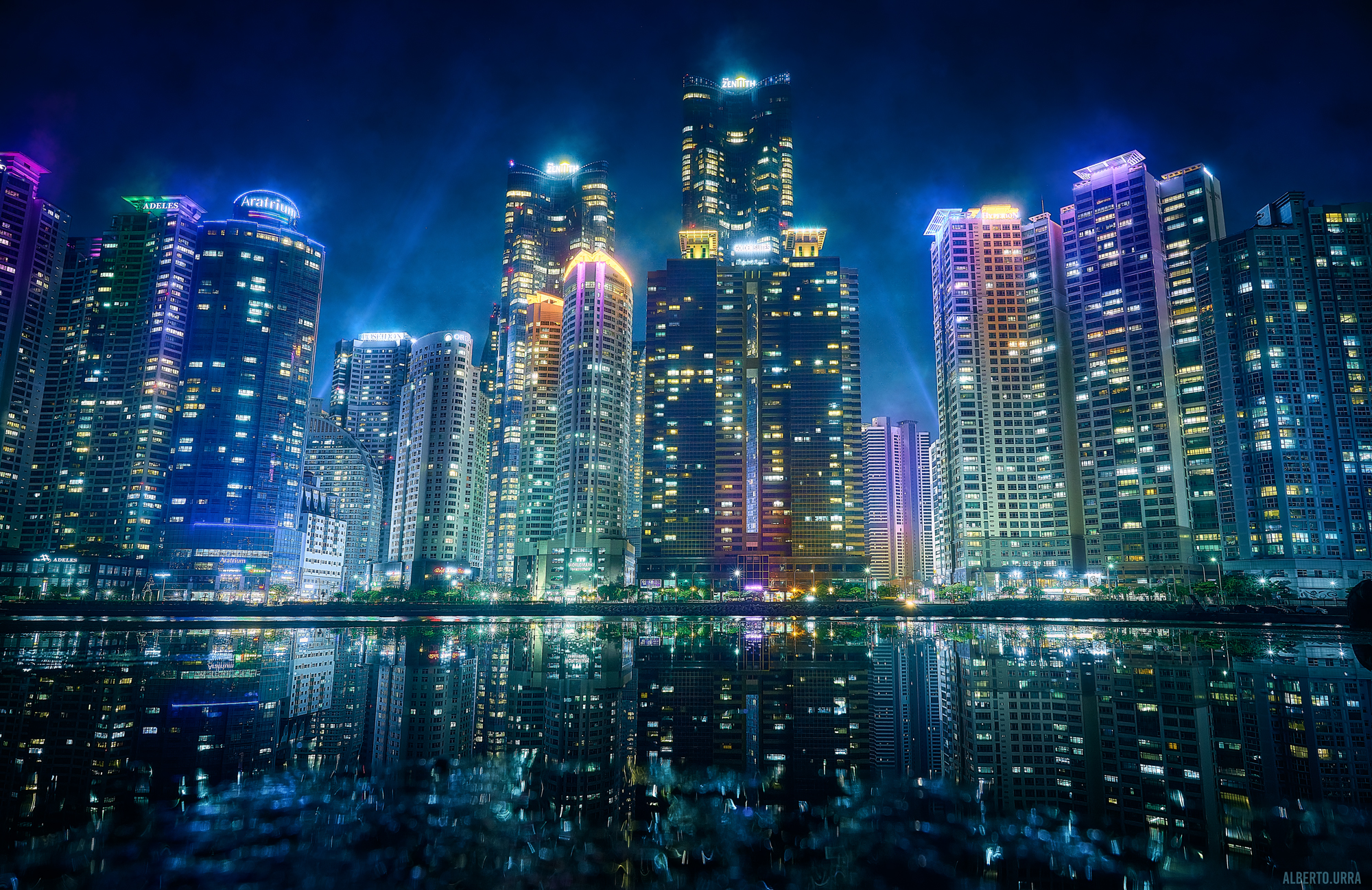Cyberpunkish Busan Cityscape at Night with Reflections HD Wallpaper
