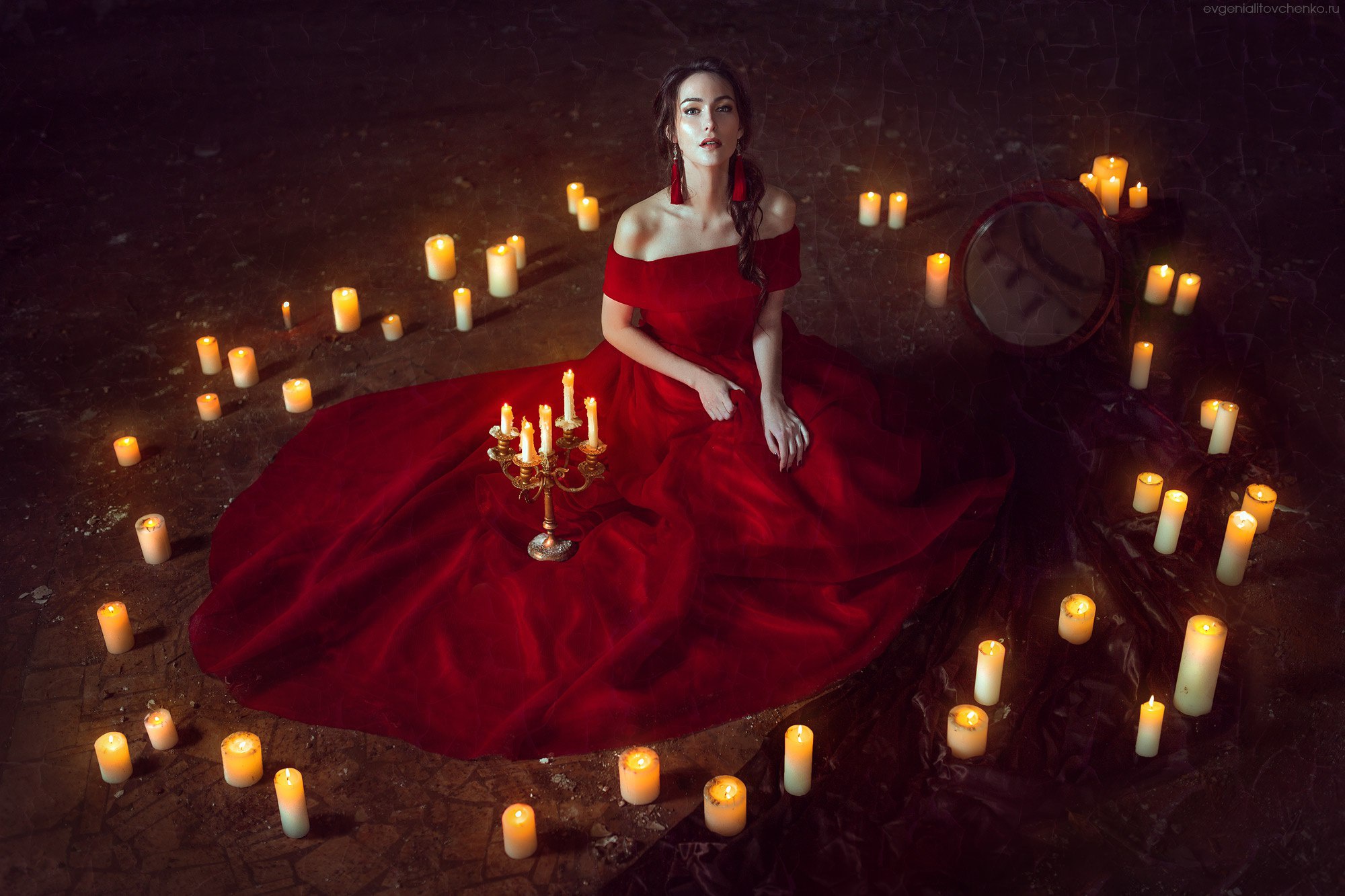 Woman in Red Dress Surrounded by Candlelight HD Wallpaper