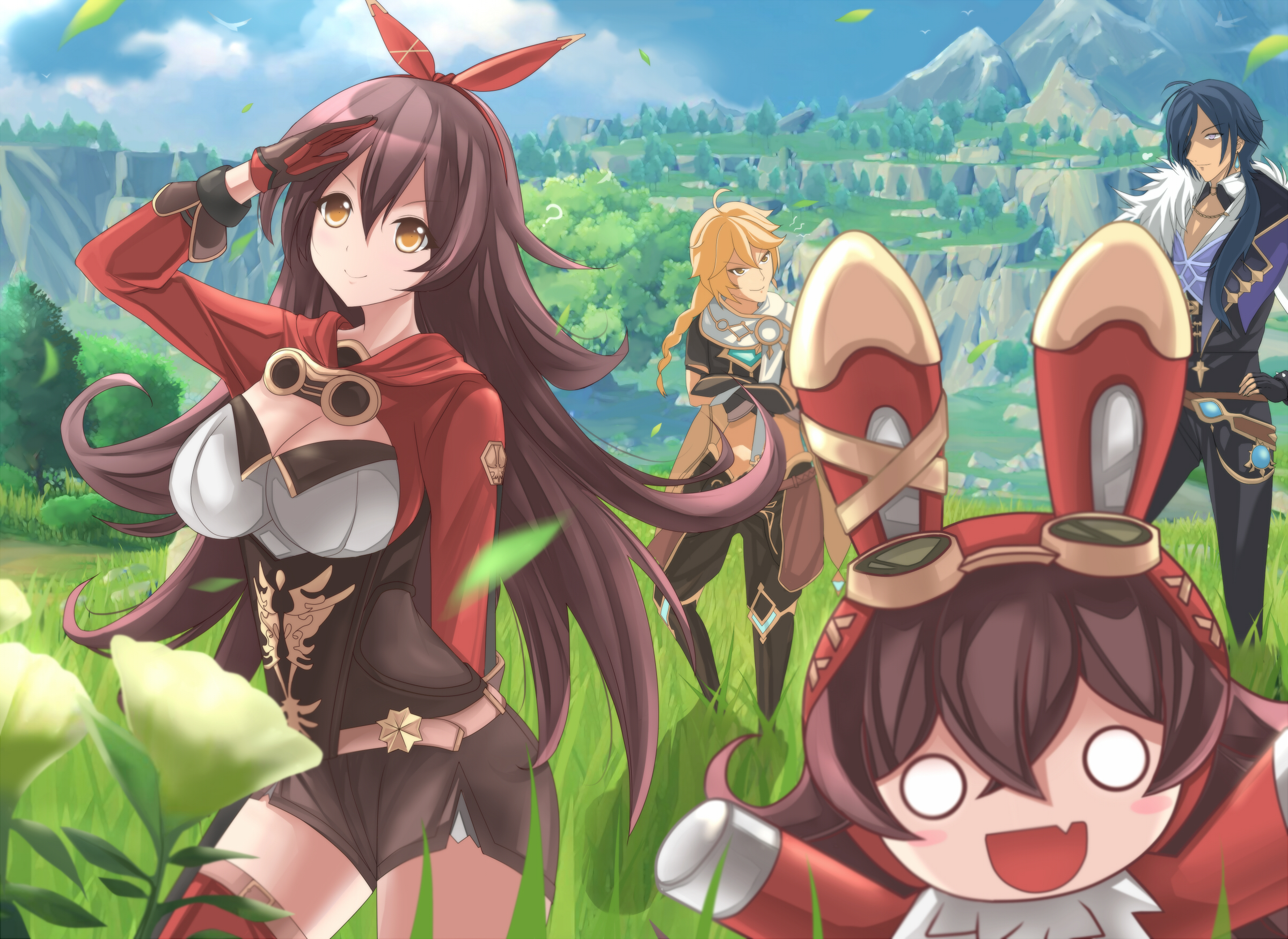 Genshin Impact: Amber, Kaeya, and Aether in a Field HD Wallpaper