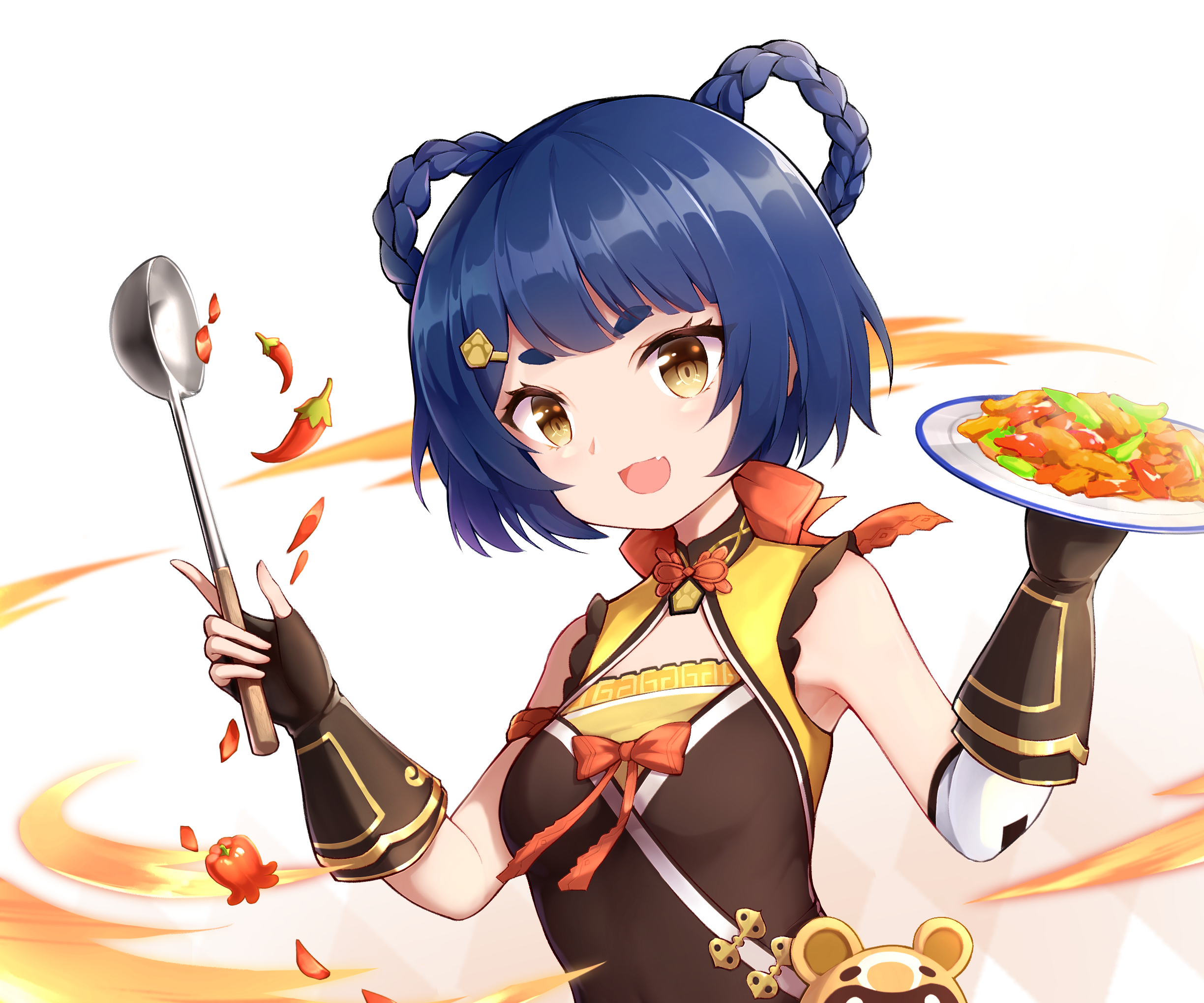 Xiangling (Genshin Impact) with food and ladle HD Wallpaper