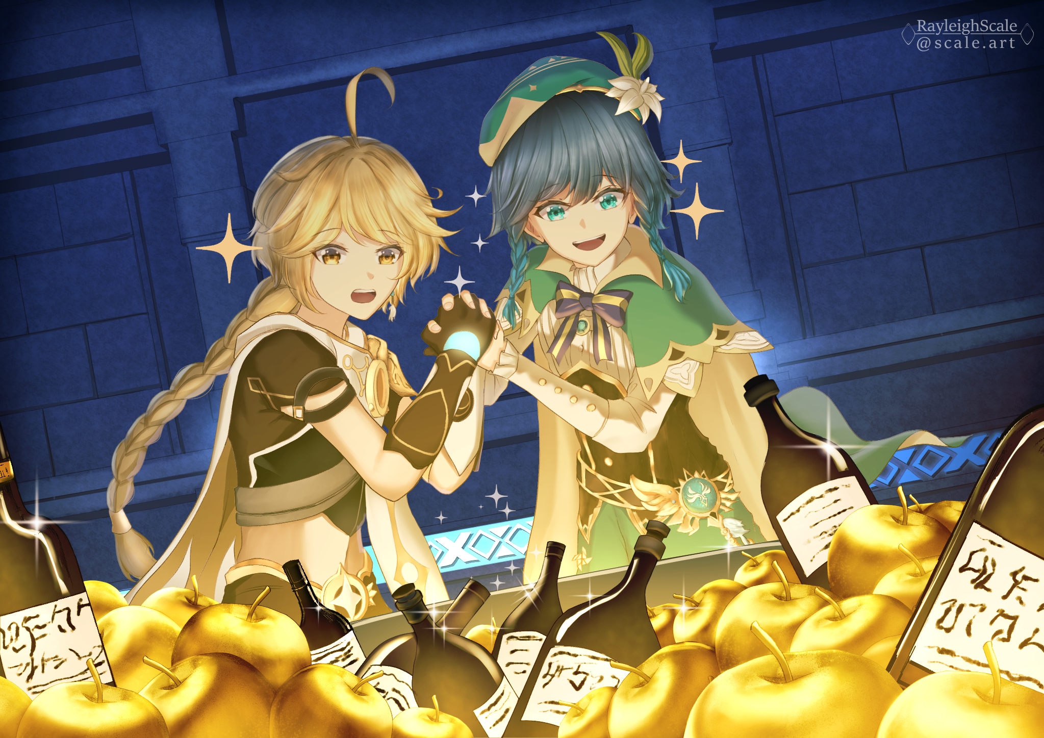 Aether and Venti with apples and wine bottles HD Wallpaper