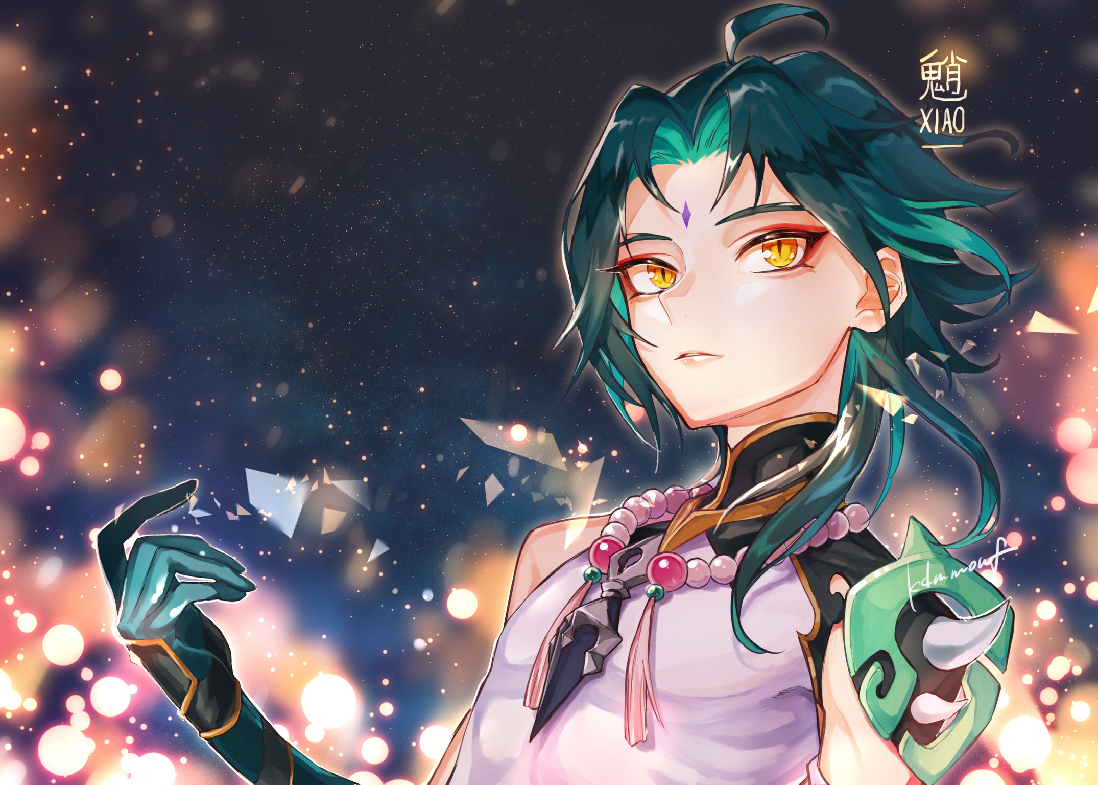 Xiao from Genshin Impact with glowing particles HD Wallpaper