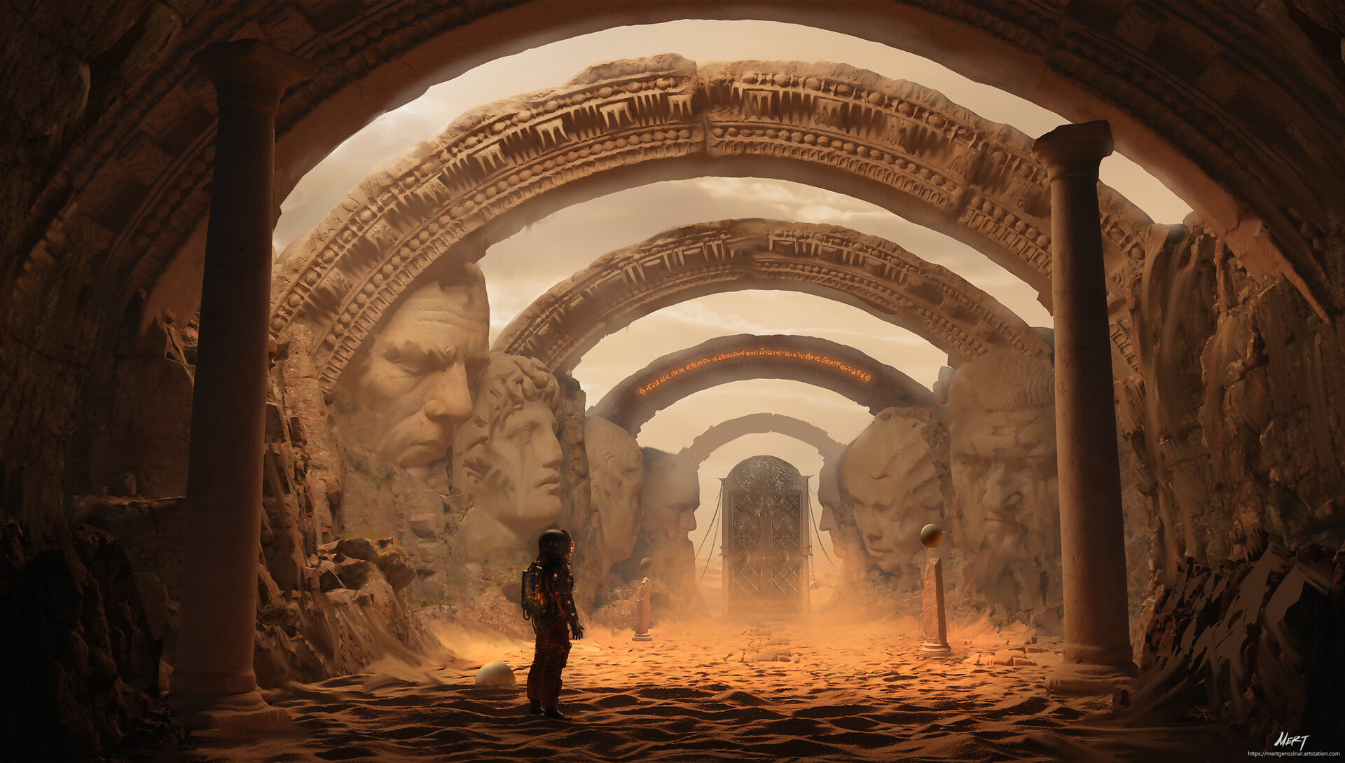 Astronaut in ancient desert ruins with colossal statues HD Wallpaper