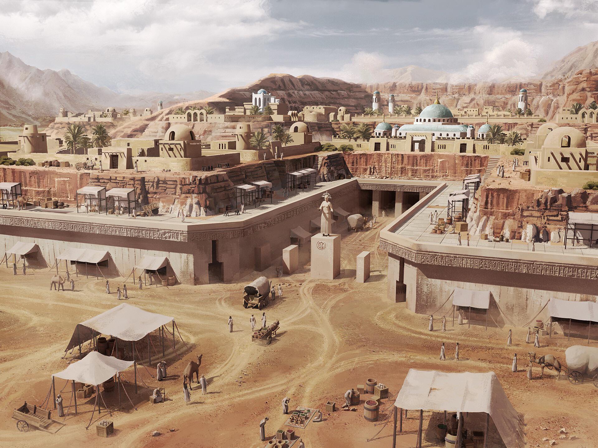 Ancient desert city with tents and camels HD Wallpaper