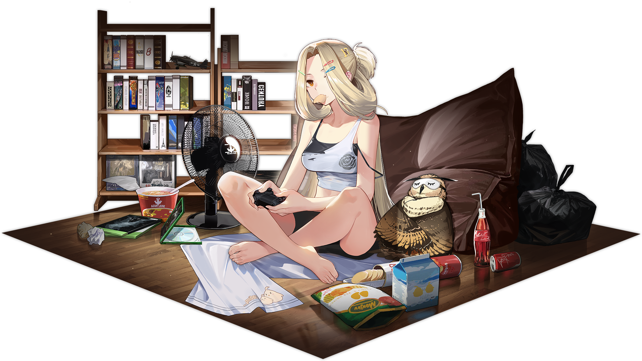 Bunker Hill playing video games in a messy room HD Wallpaper
