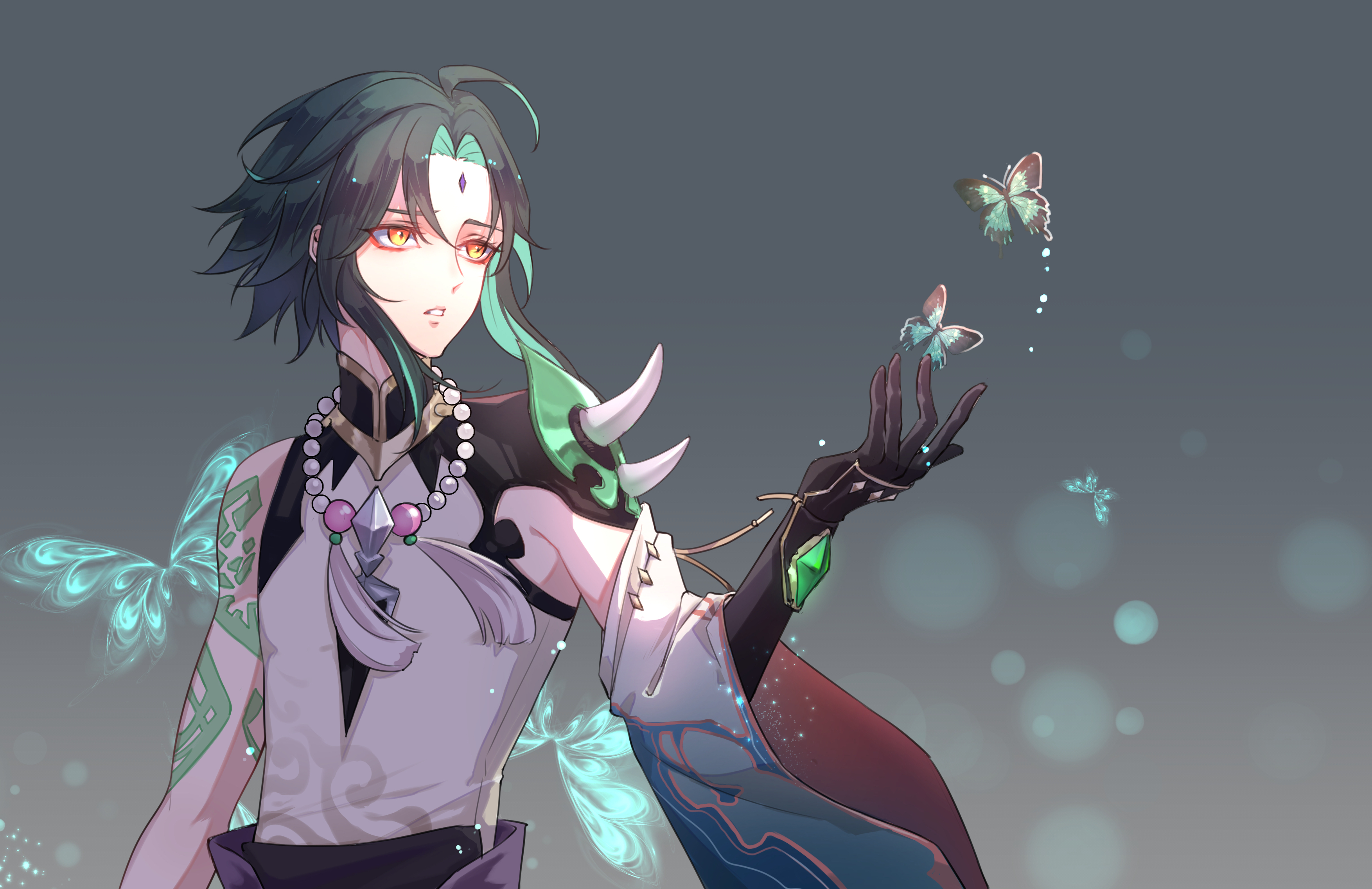 Xiao from Genshin Impact with butterflies HD Wallpaper