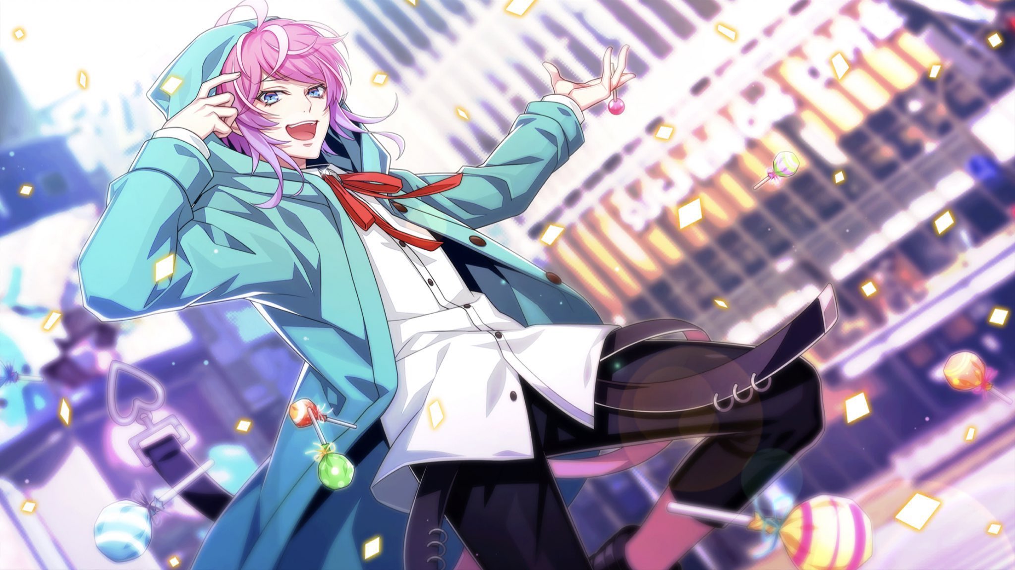 Ramuda Amemura in a blue coat with pink hair HD Wallpaper